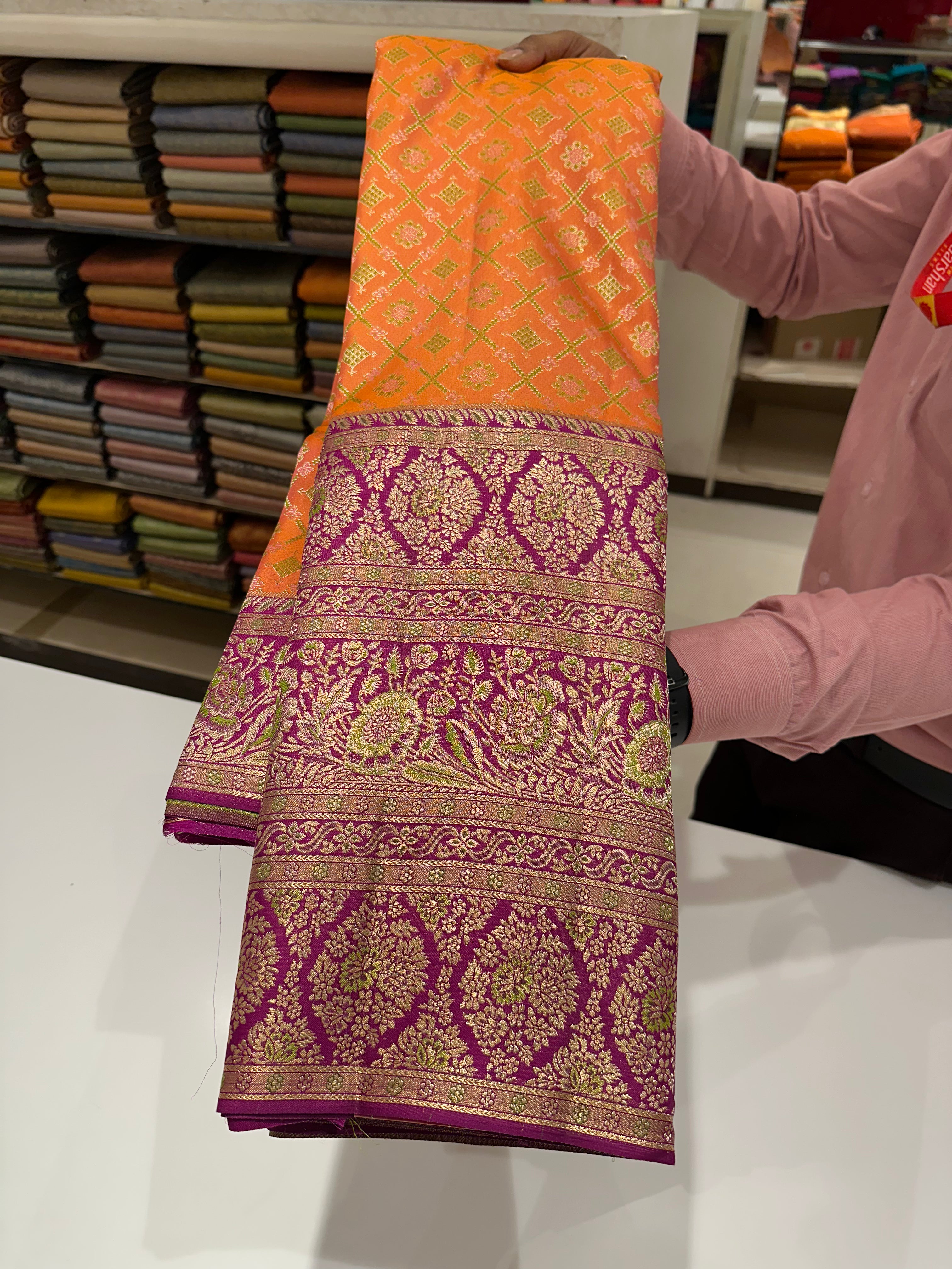 Bridal Elegance Orange & Pink Pure Kanjivaram Silk Saree with Grand Zari Border & Buttas