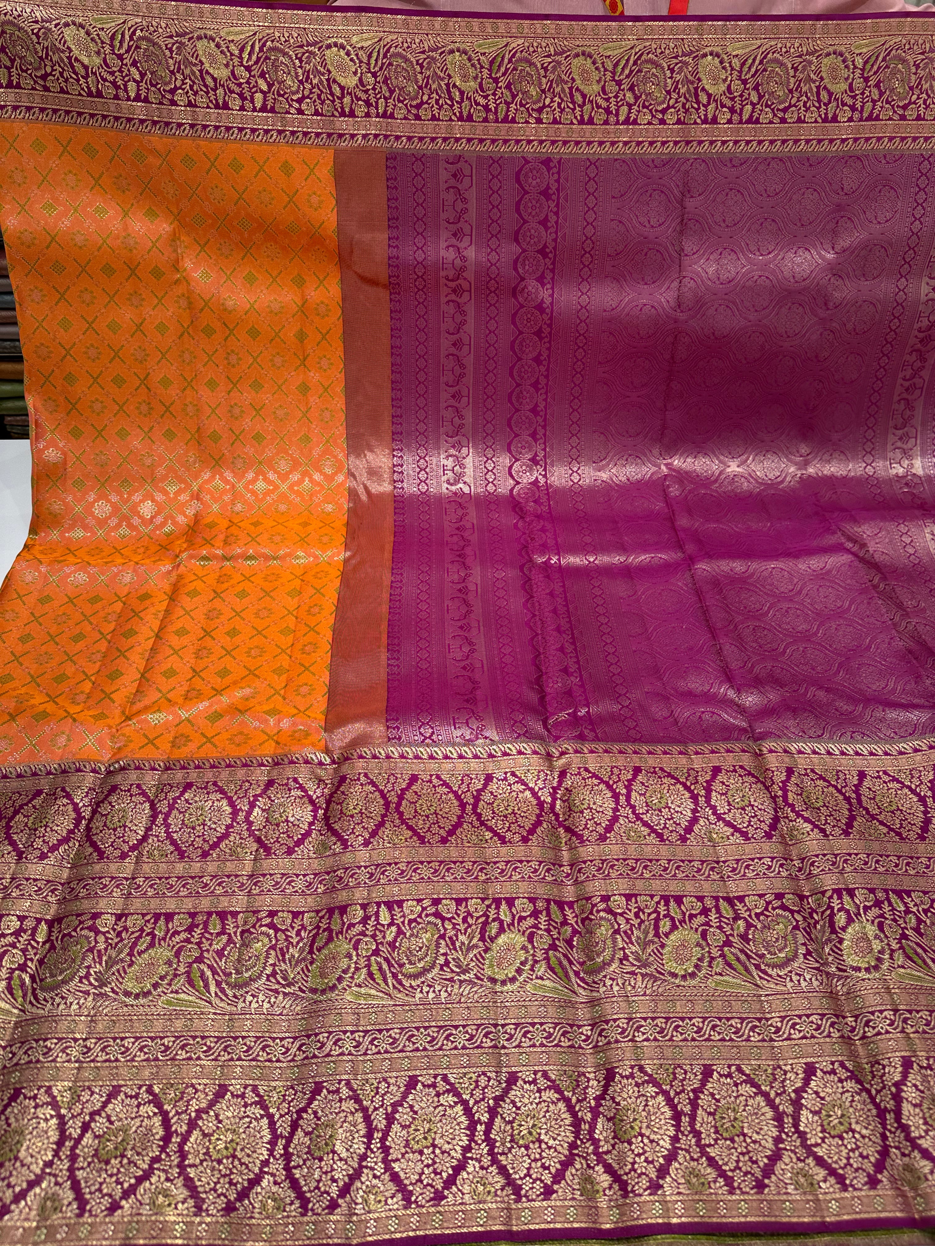 Bridal Elegance Orange & Pink Pure Kanjivaram Silk Saree with Grand Zari Border & Buttas