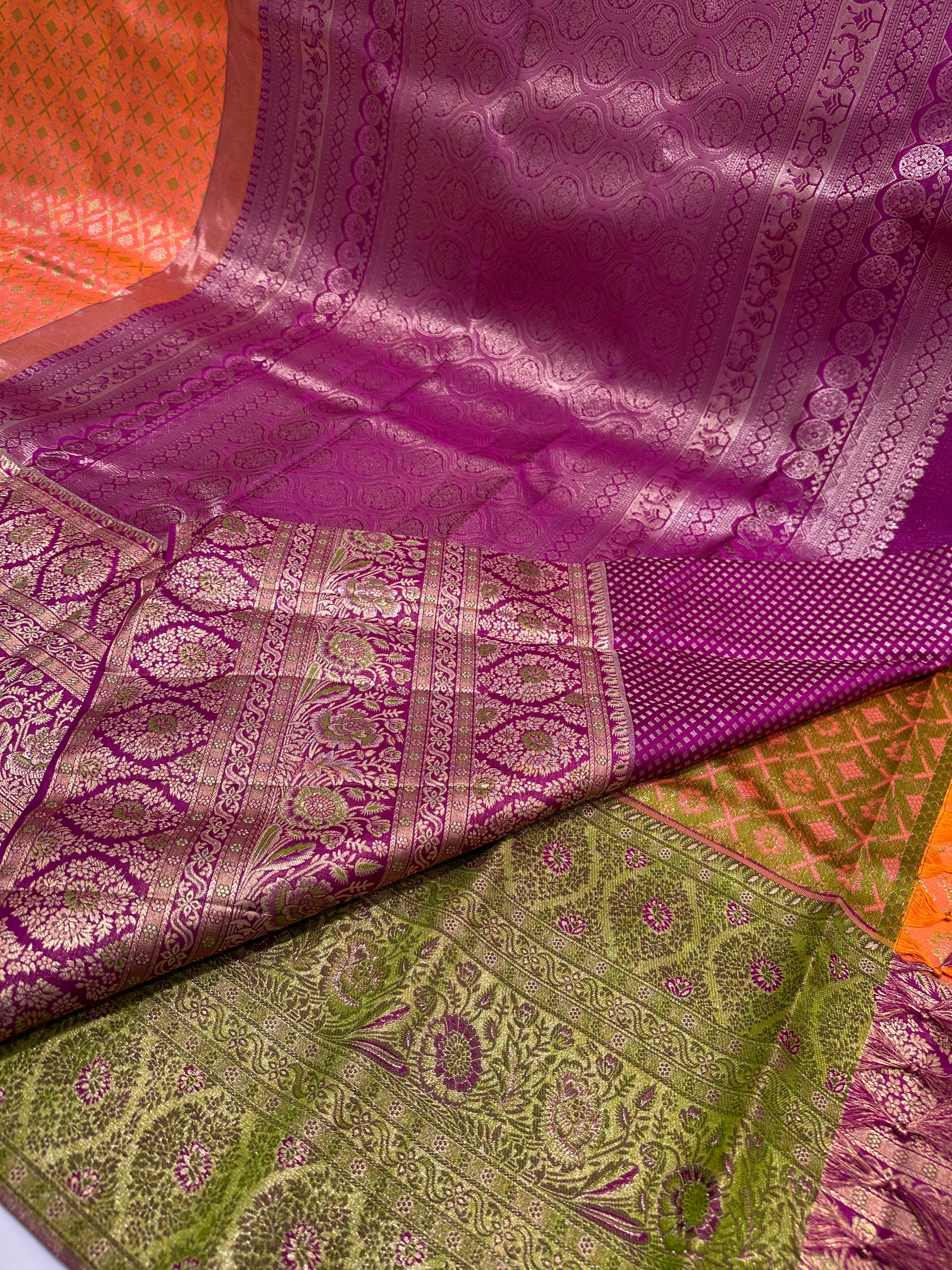 Bridal Elegance Orange & Pink Pure Kanjivaram Silk Saree with Grand Zari Border & Buttas
