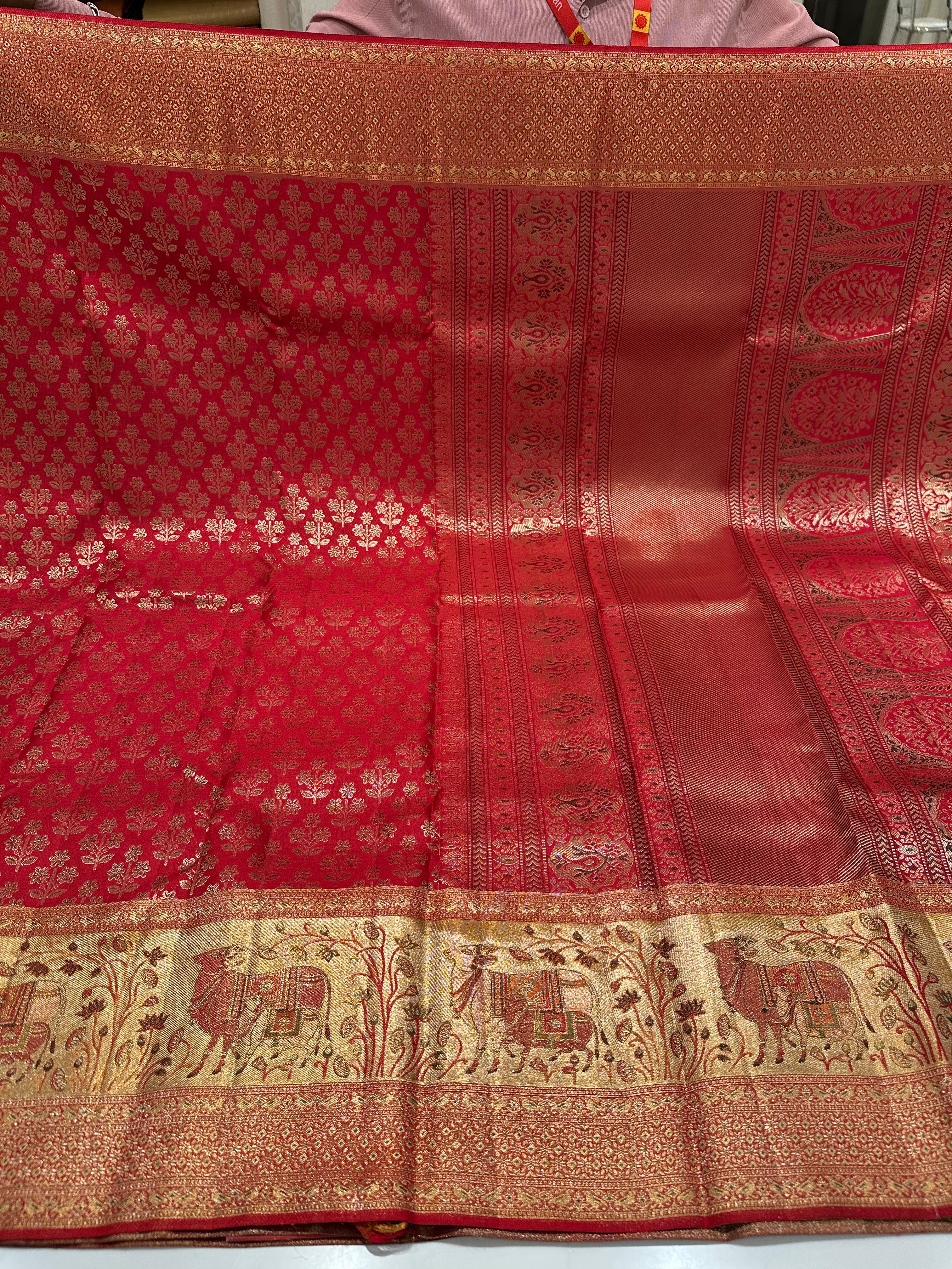 Bridal Red Kanjivaram Silk Saree with Heavy Zari Grand Border