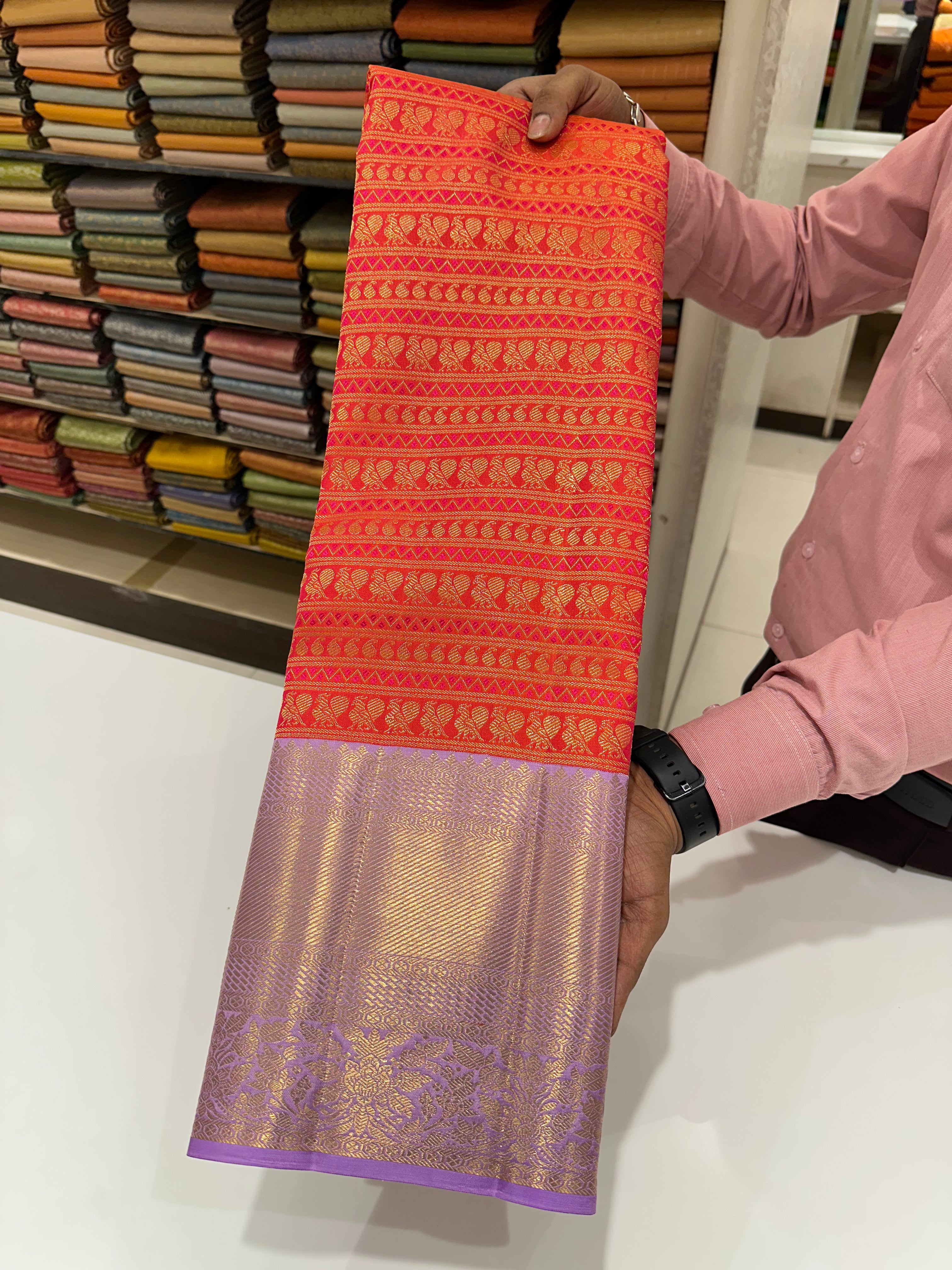 Orange & Lavender Pure Kanjivaram Silk Saree with Luxurious Zari Butta Work – Bridal Collection