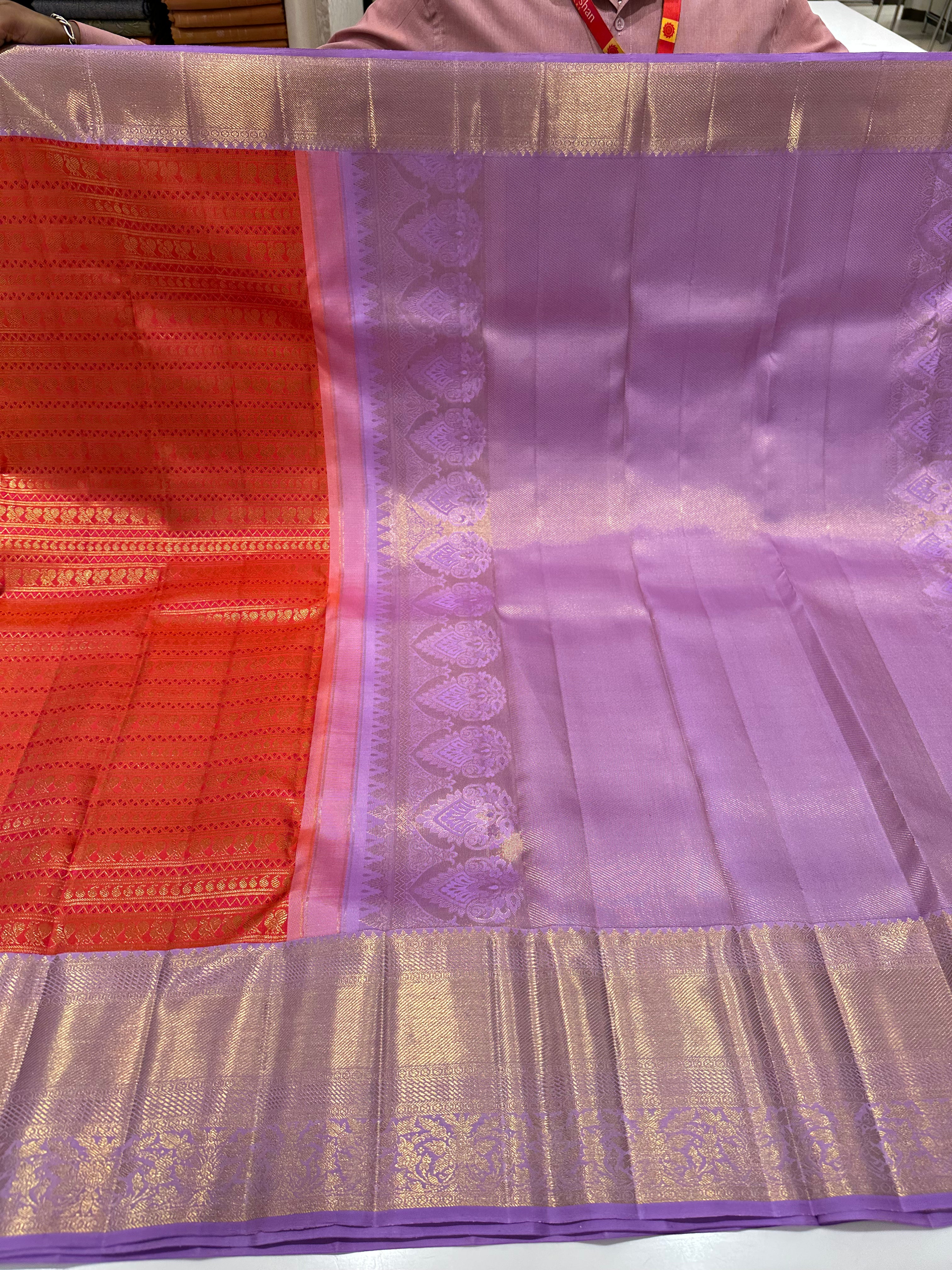 Orange & Lavender Pure Kanjivaram Silk Saree with Luxurious Zari Butta Work – Bridal Collection