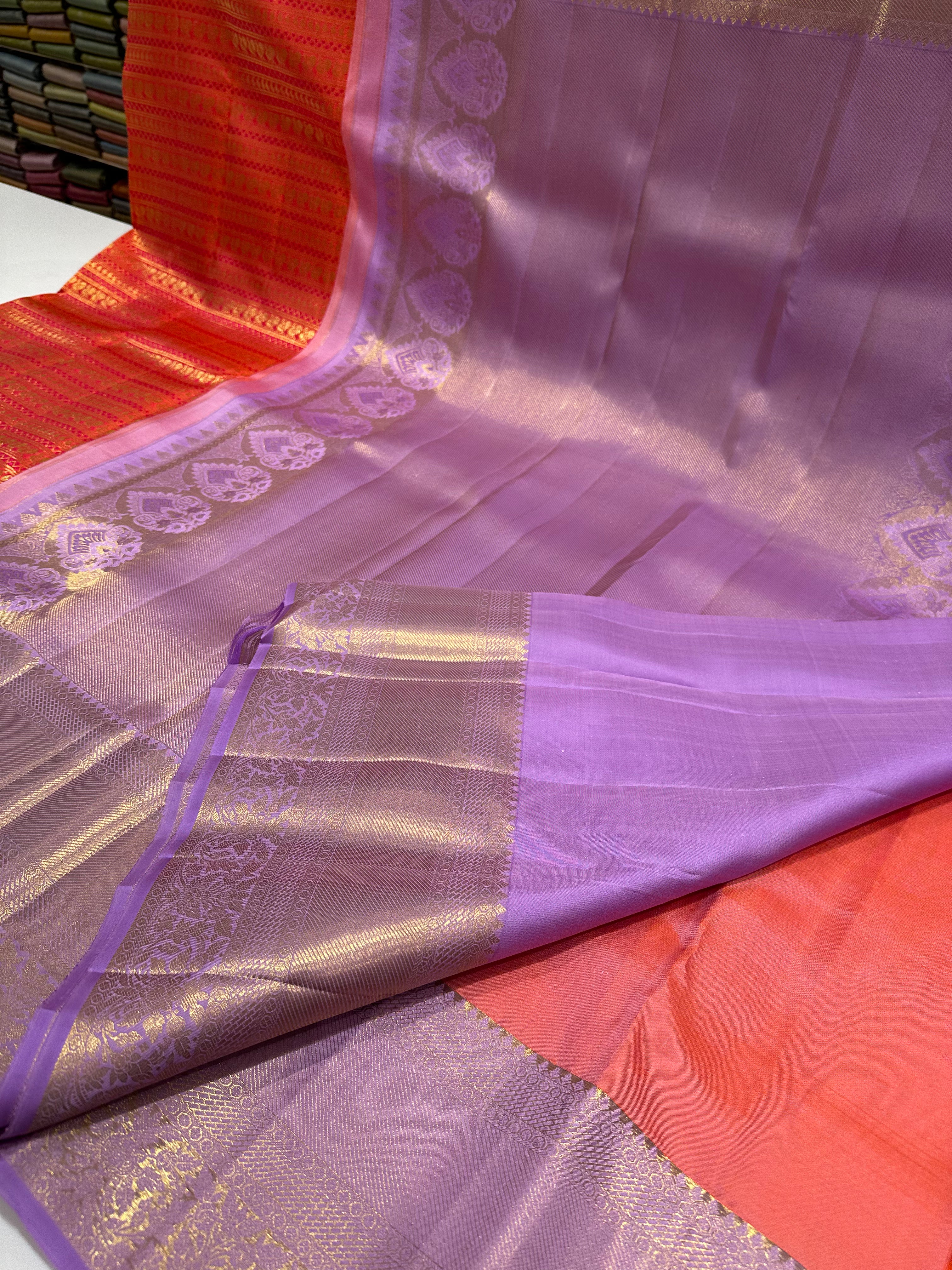 Orange & Lavender Pure Kanjivaram Silk Saree with Luxurious Zari Butta Work – Bridal Collection