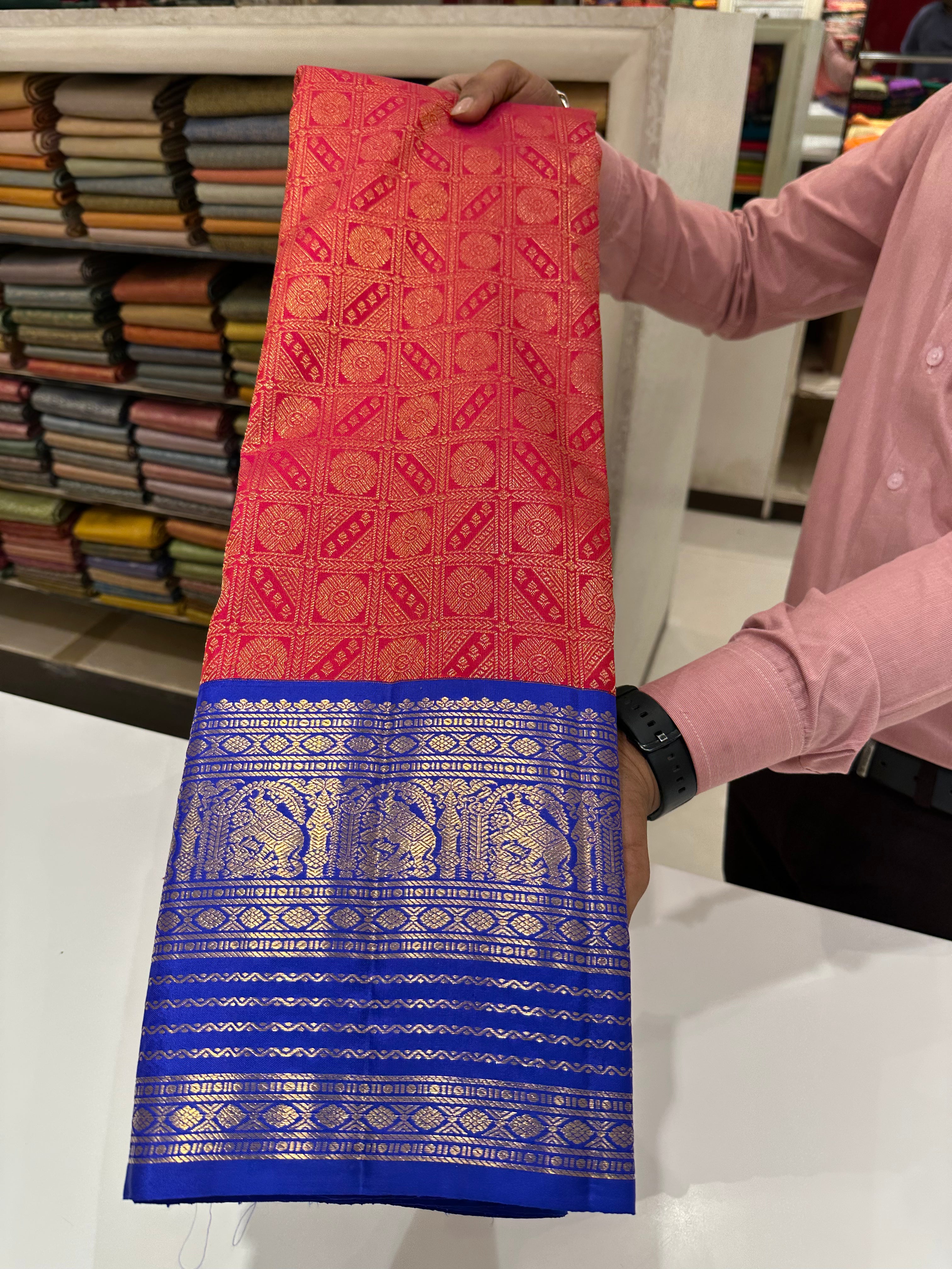 Red Pallu & Blue Border Pure Kanjivaram Silk Saree with Grand Zari Border, Checks & Buttas