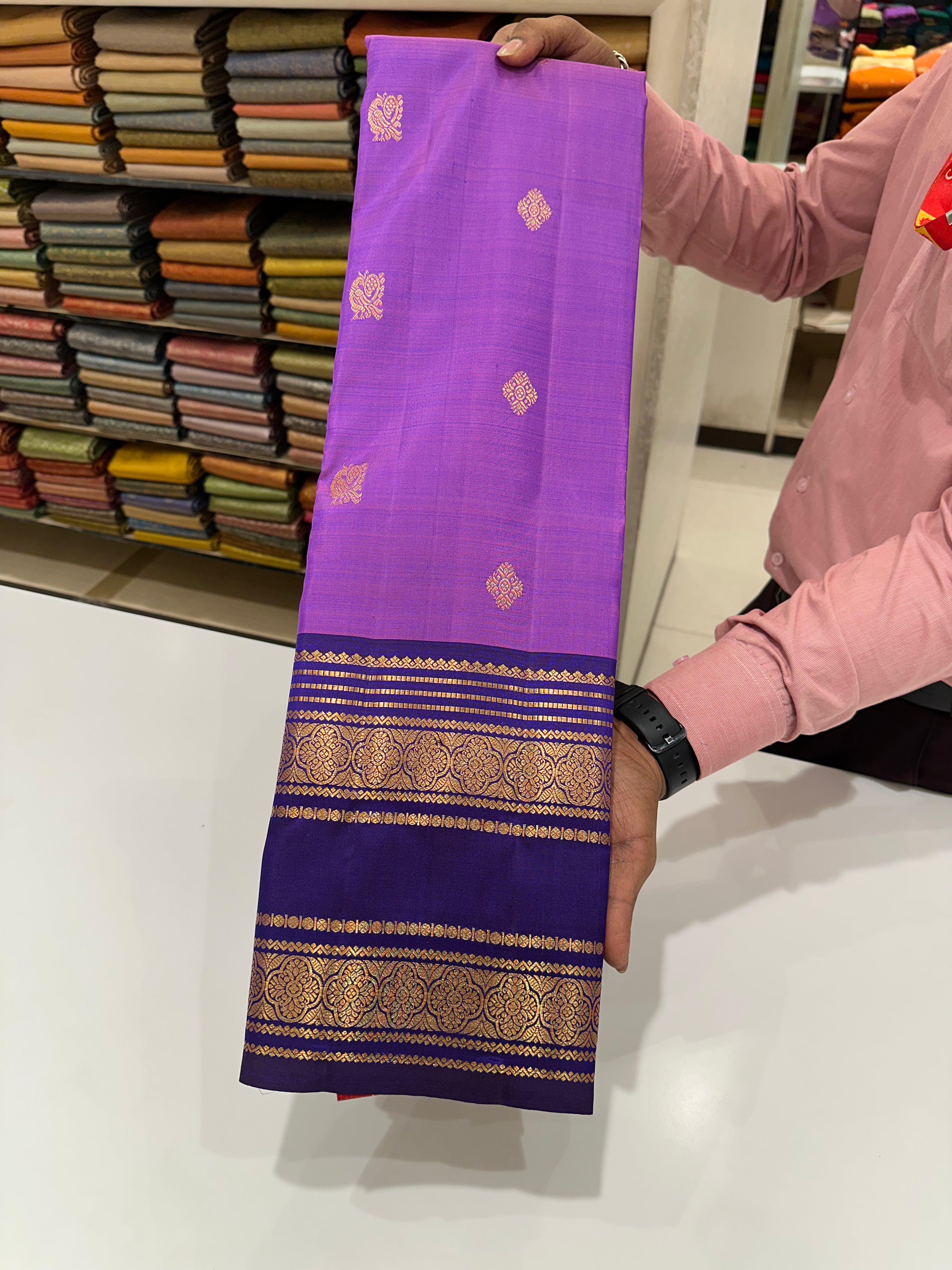 Purple & Blue Pure Kanjivaram Silk Saree with Grand Zari Border & Buttas