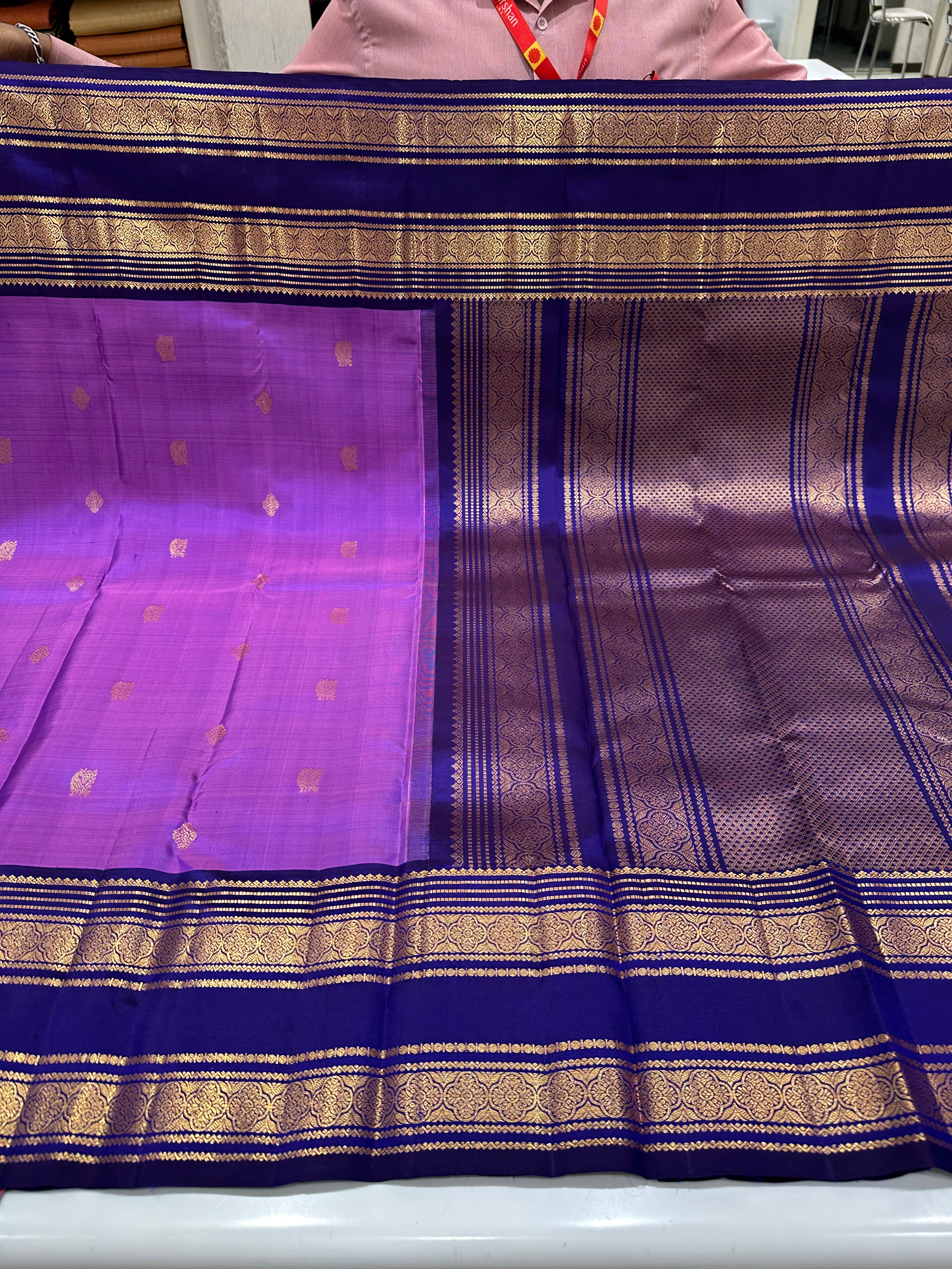 Purple & Blue Pure Kanjivaram Silk Saree with Grand Zari Border & Buttas