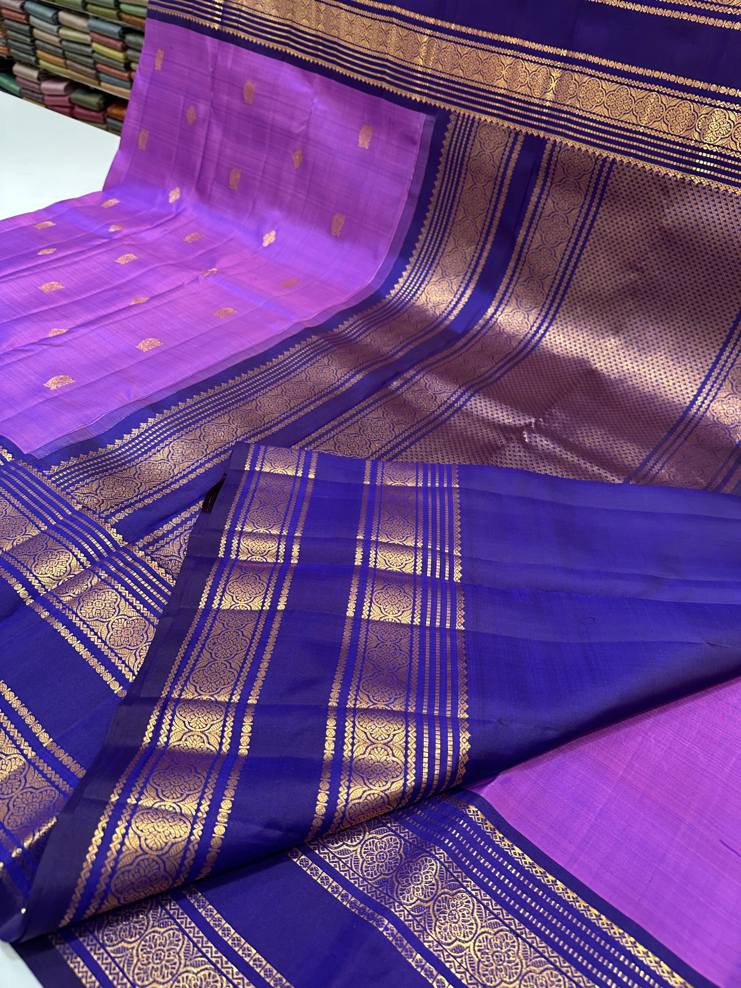 Purple & Blue Pure Kanjivaram Silk Saree with Grand Zari Border & Buttas