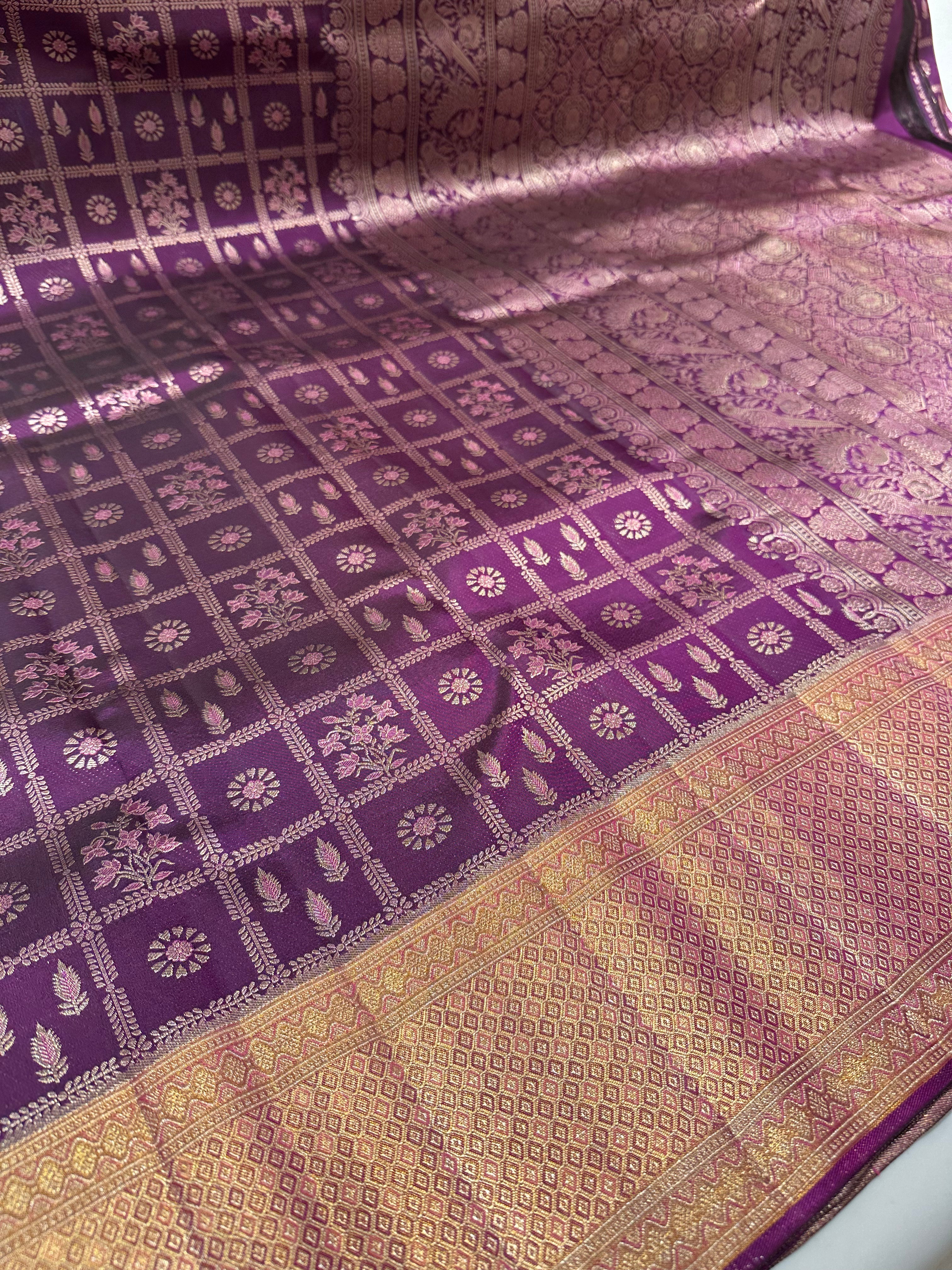 Traditional Purple Pure Kanjivaram Silk Saree with Checks Buttas & Grand Zari Border – Bridal CollectionSilk Saree with Checks, Gold Buttas & Grand Zari Border – Bridal Collection