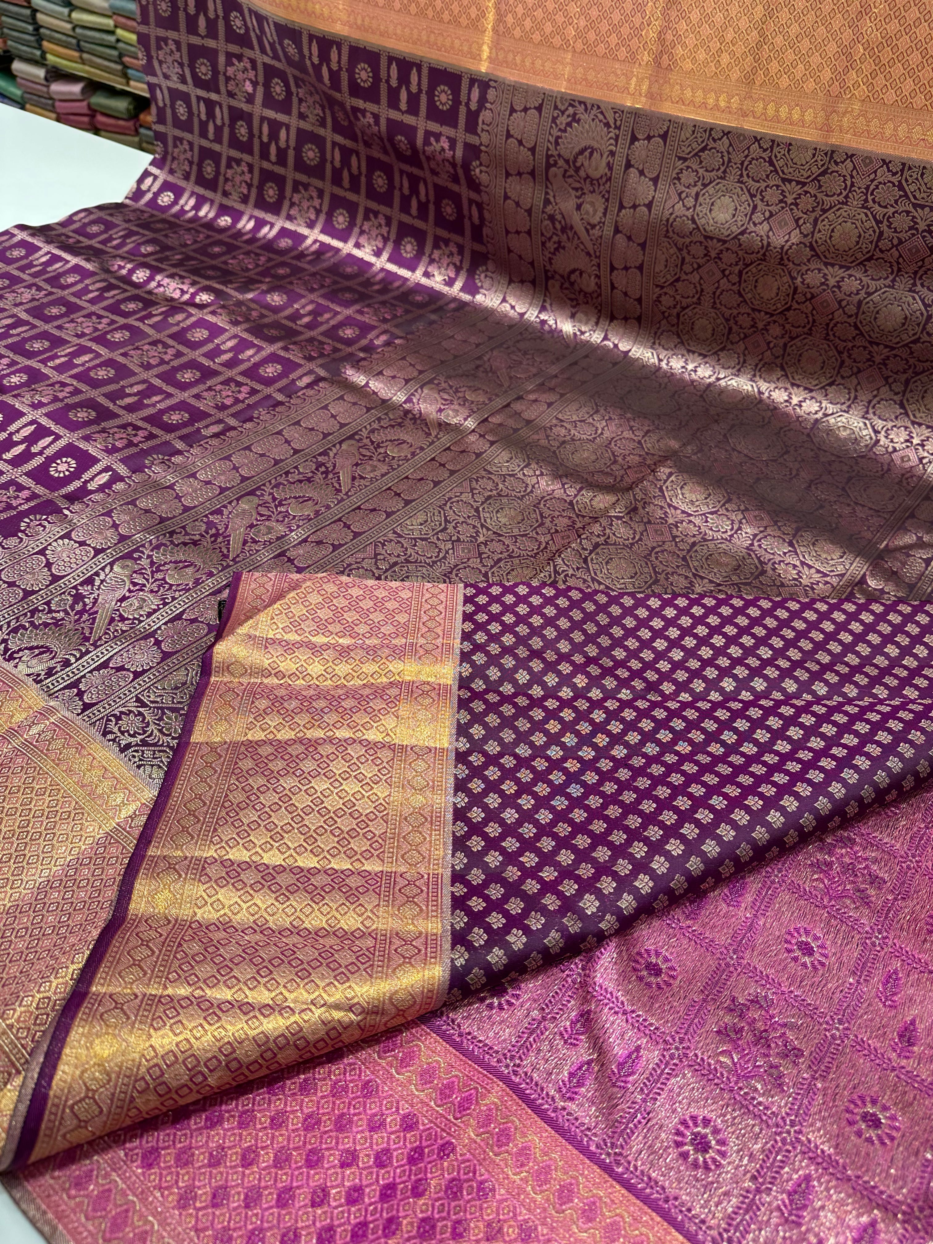 Traditional Purple Pure Kanjivaram Silk Saree with Checks Buttas & Grand Zari Border – Bridal CollectionSilk Saree with Checks, Gold Buttas & Grand Zari Border – Bridal Collection