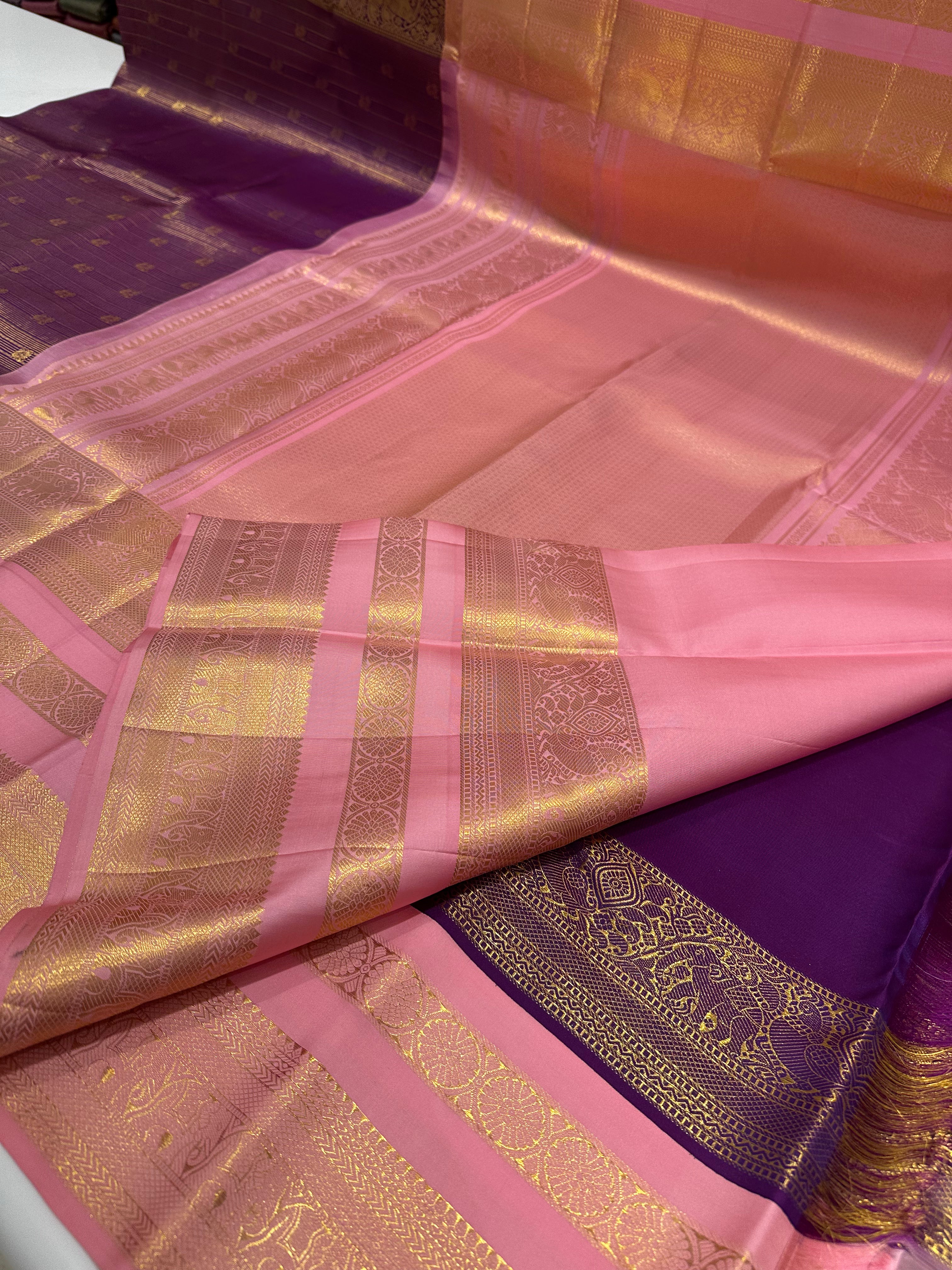 Pure Kanjivaram Saree Royal Burgundy & Pink Leela Verse Saree with Minimal Gold Line Elegance