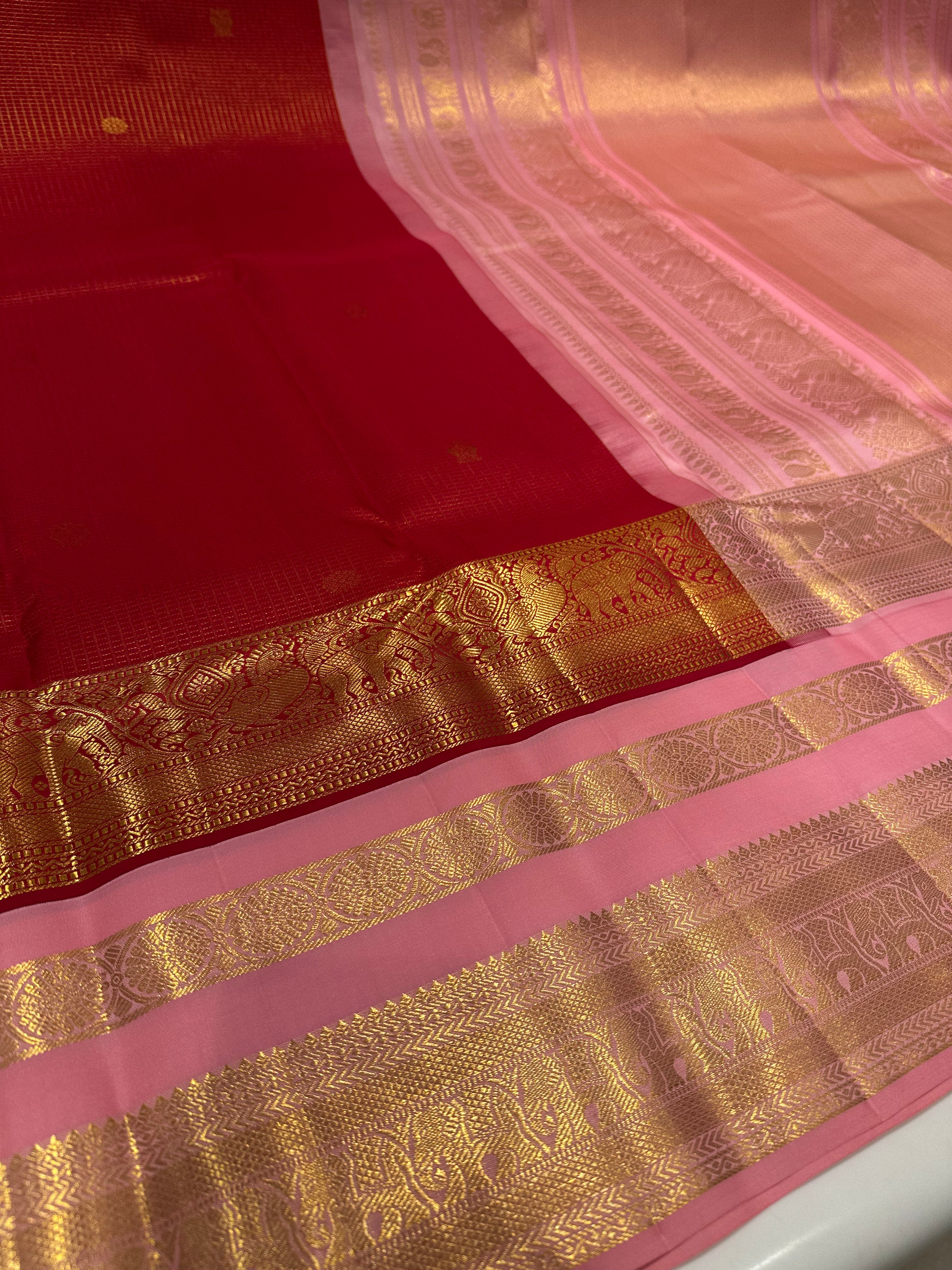 Grand Tradition Red & Pink Leela Verse Saree with Heritage Zari Border