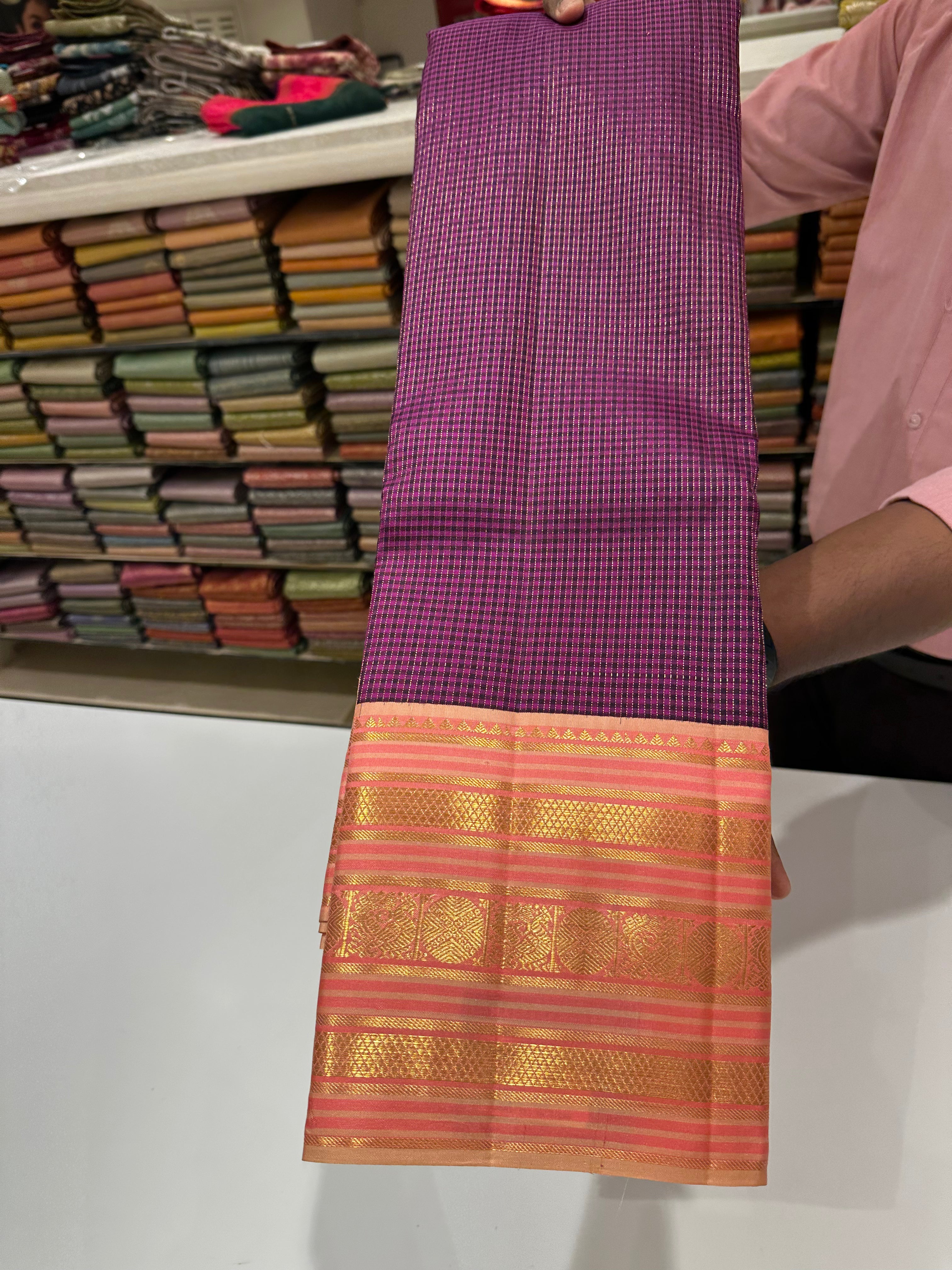 Rich Purple Pure Kanjivaram Silk Saree with Pink Zari Border – Elegant Traditional Look