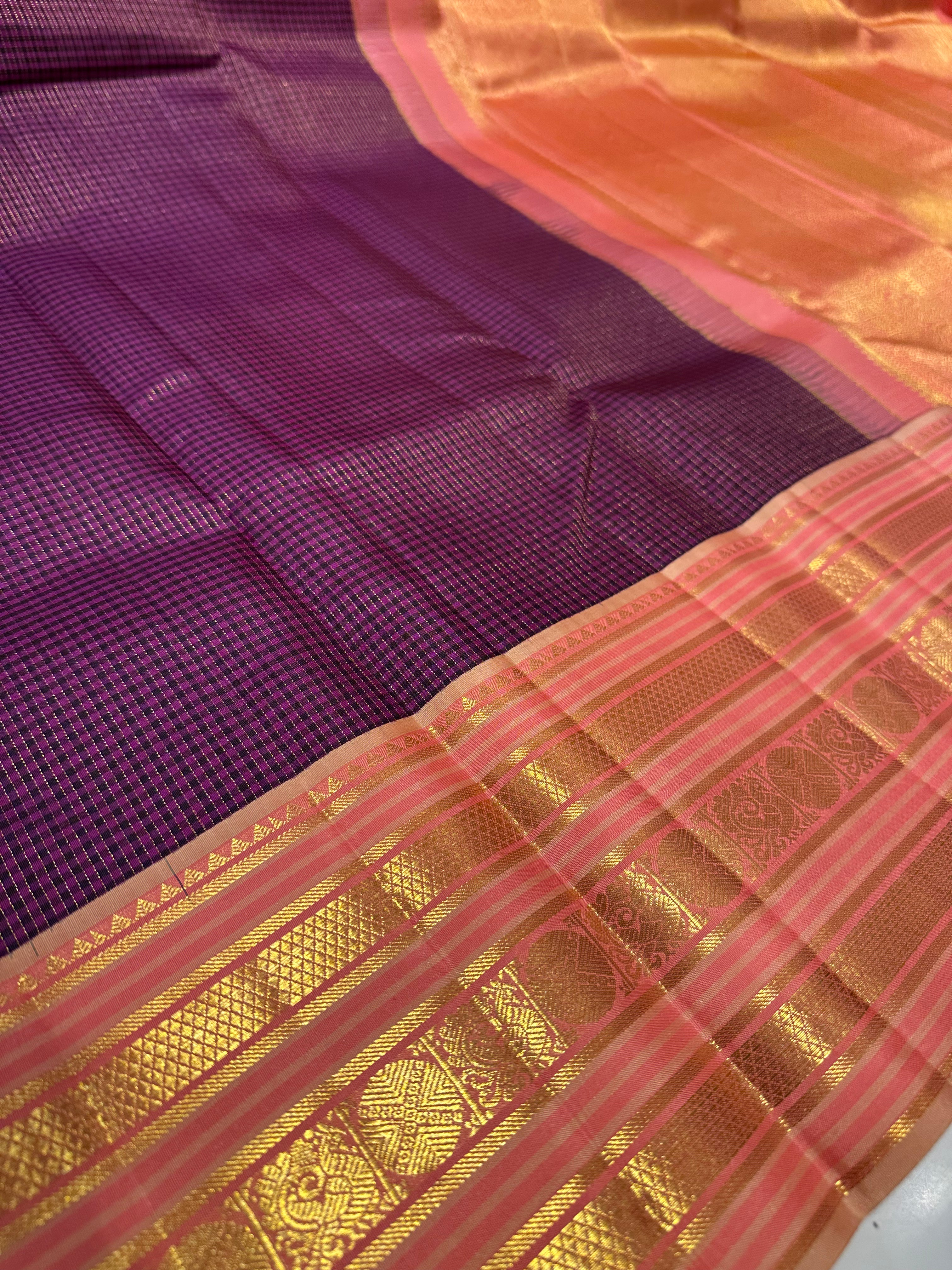 Rich Purple Pure Kanjivaram Silk Saree with Pink Zari Border – Elegant Traditional Look