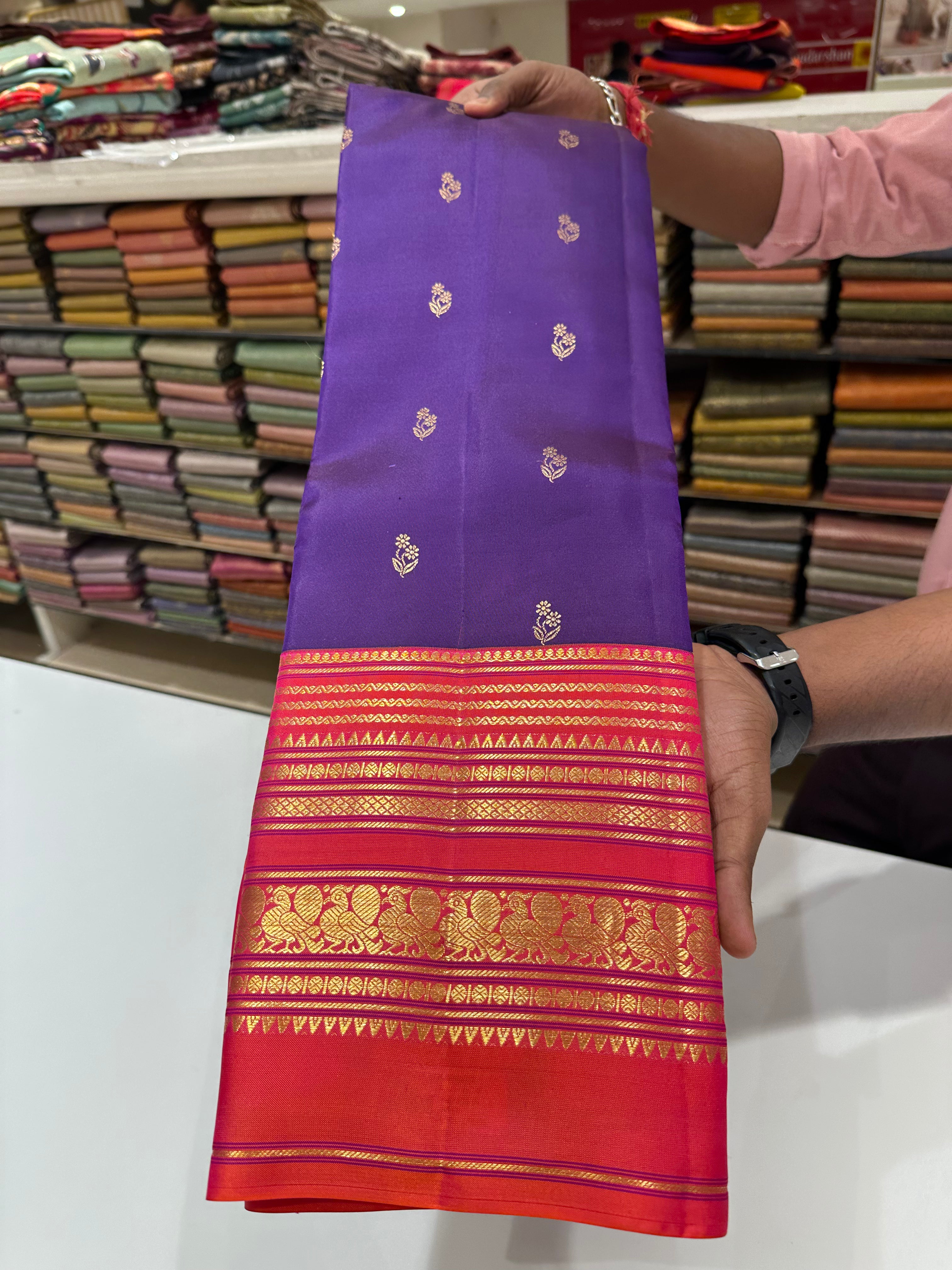 Traditional Purple and Red Pure Kanjivaram Silk Saree with Gold Zari Border