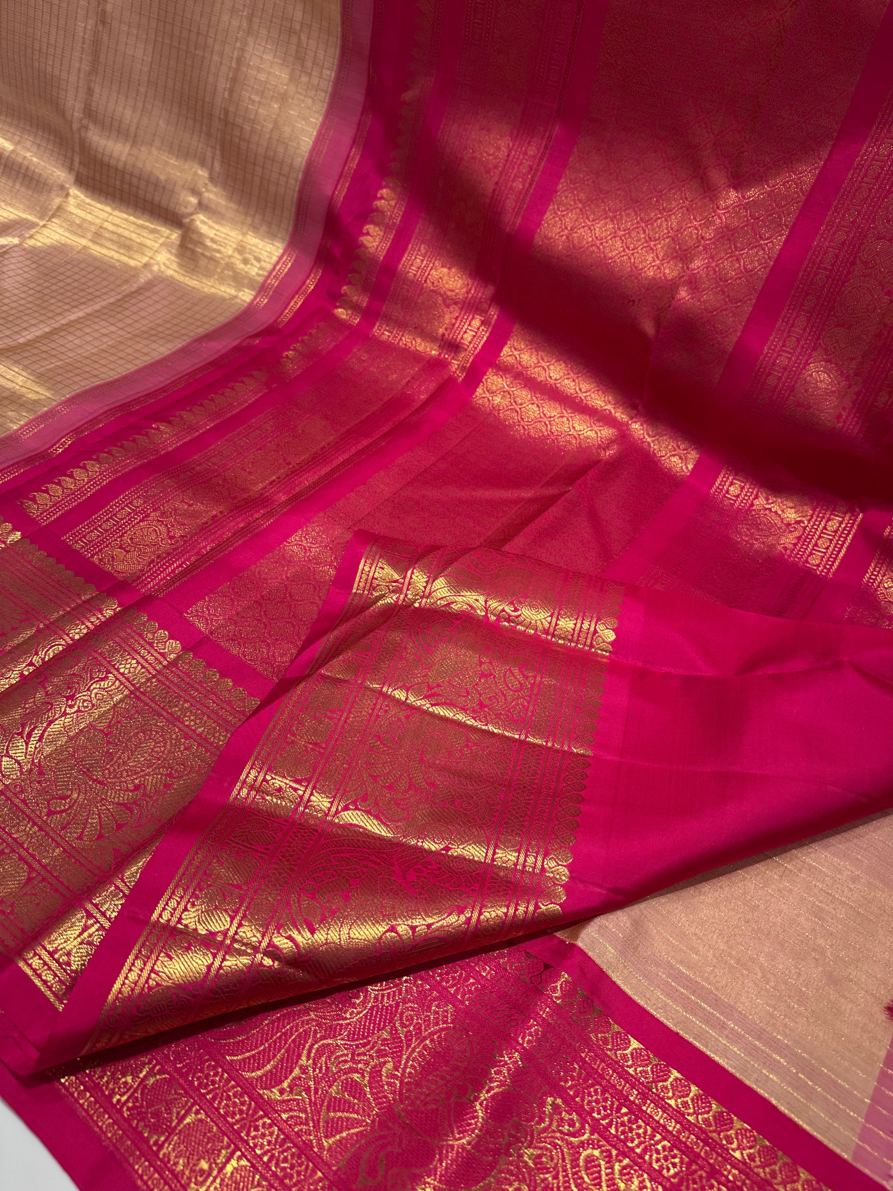 Grand Gold & Pink Pure Kanjivaram Silk Saree with Rich Golden Zari and Border Lines – Bridal Wear