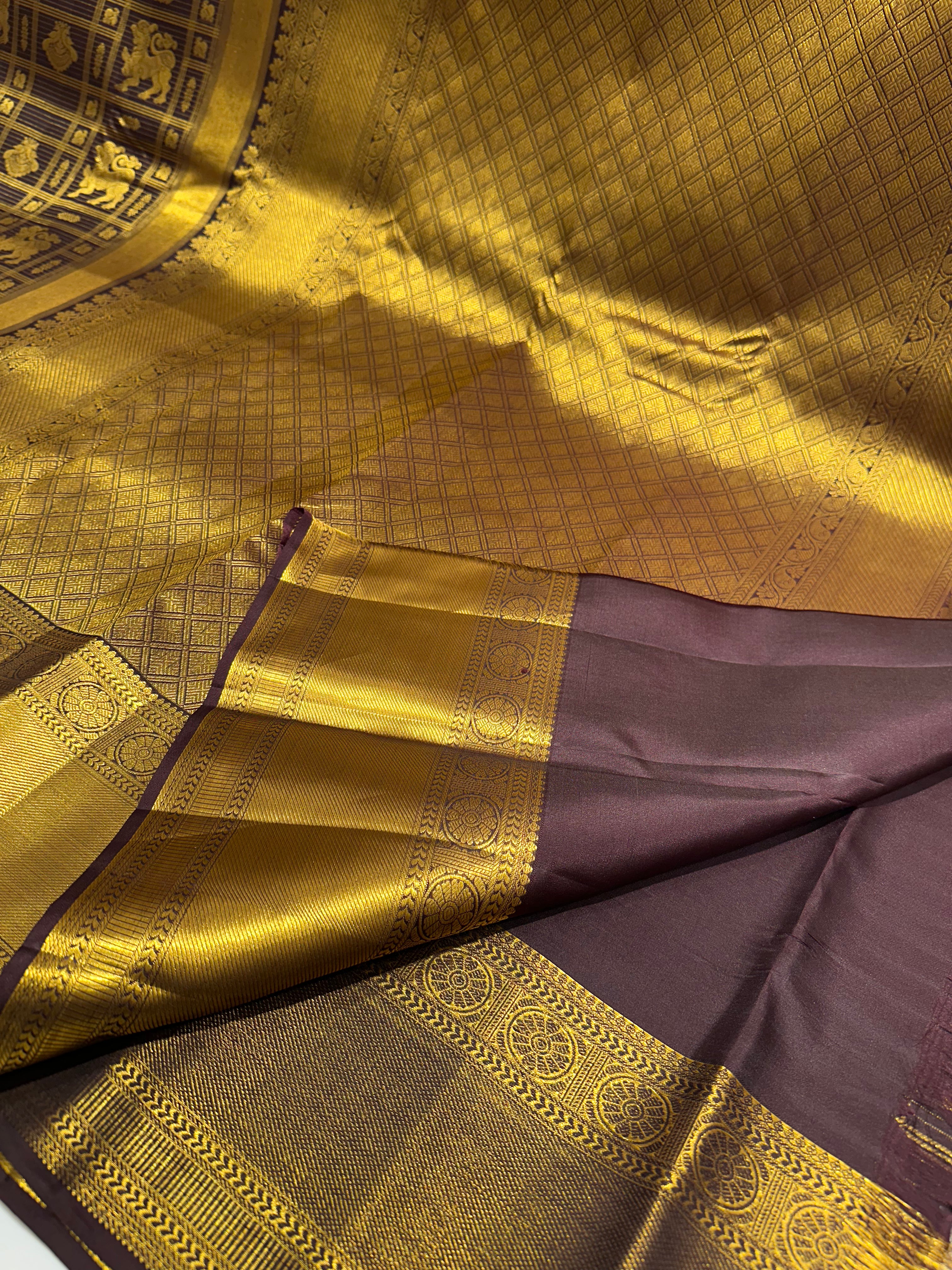 Brown Kanjivaram Silk Saree with Full Gold Zari Design and Grand Border Buttas – Bridal Wear
