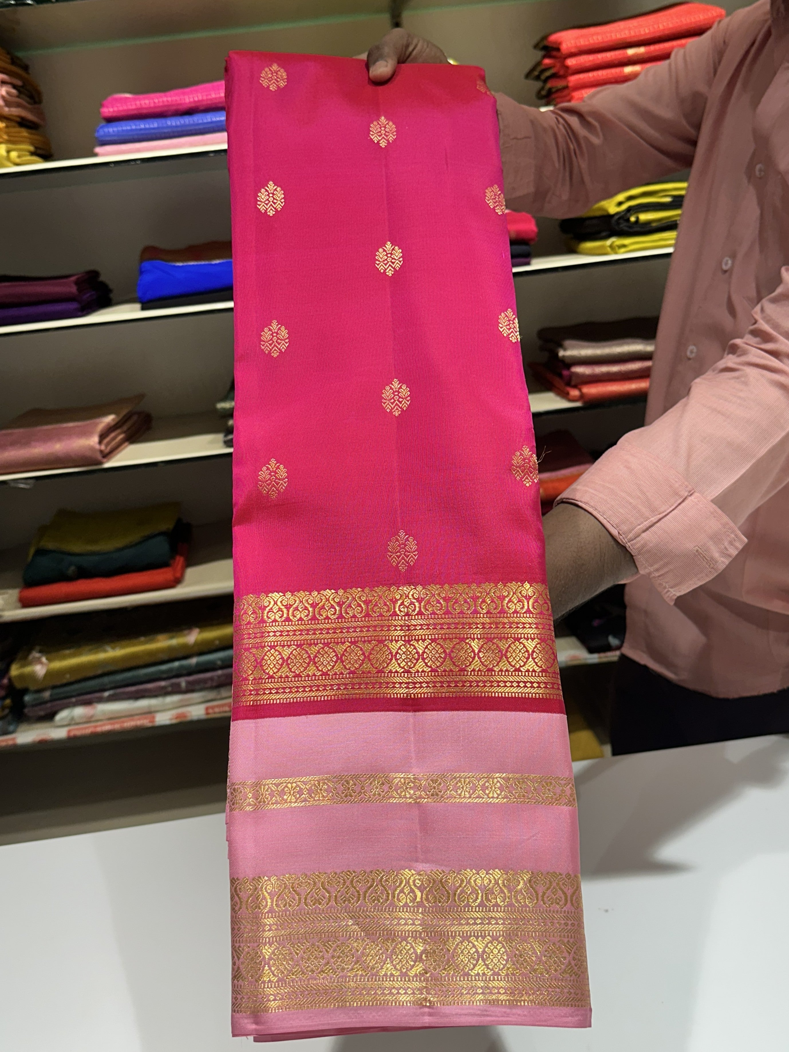 Elegant Dark Pink Pure Kanjivaram Silk Saree with Baby Pink Contrast Border
