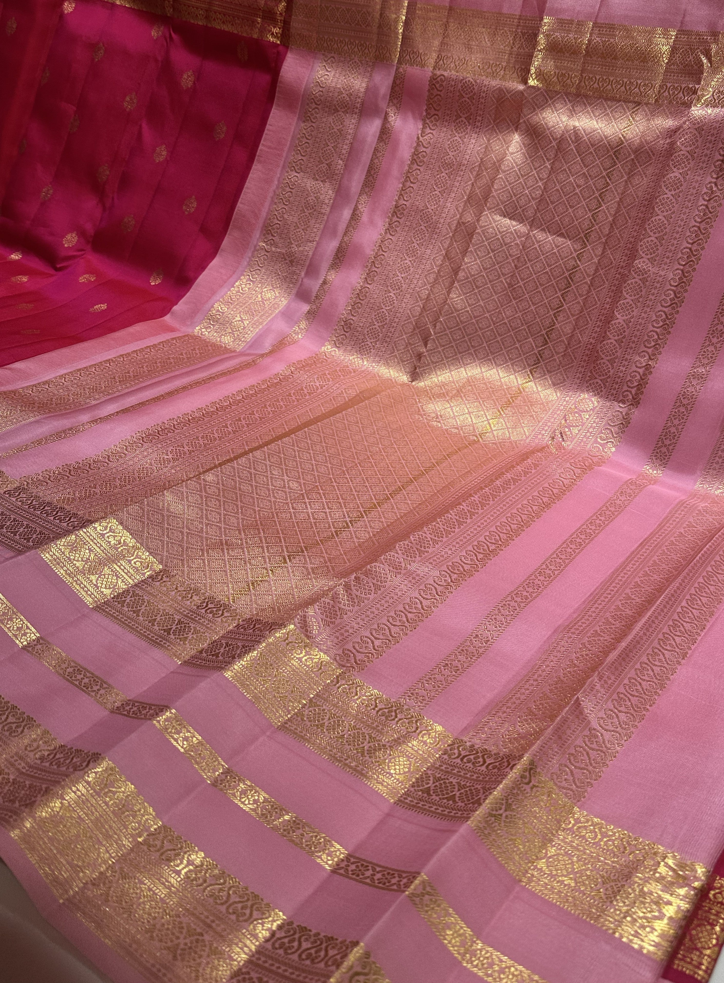 Elegant Dark Pink Pure Kanjivaram Silk Saree with Baby Pink Contrast Border