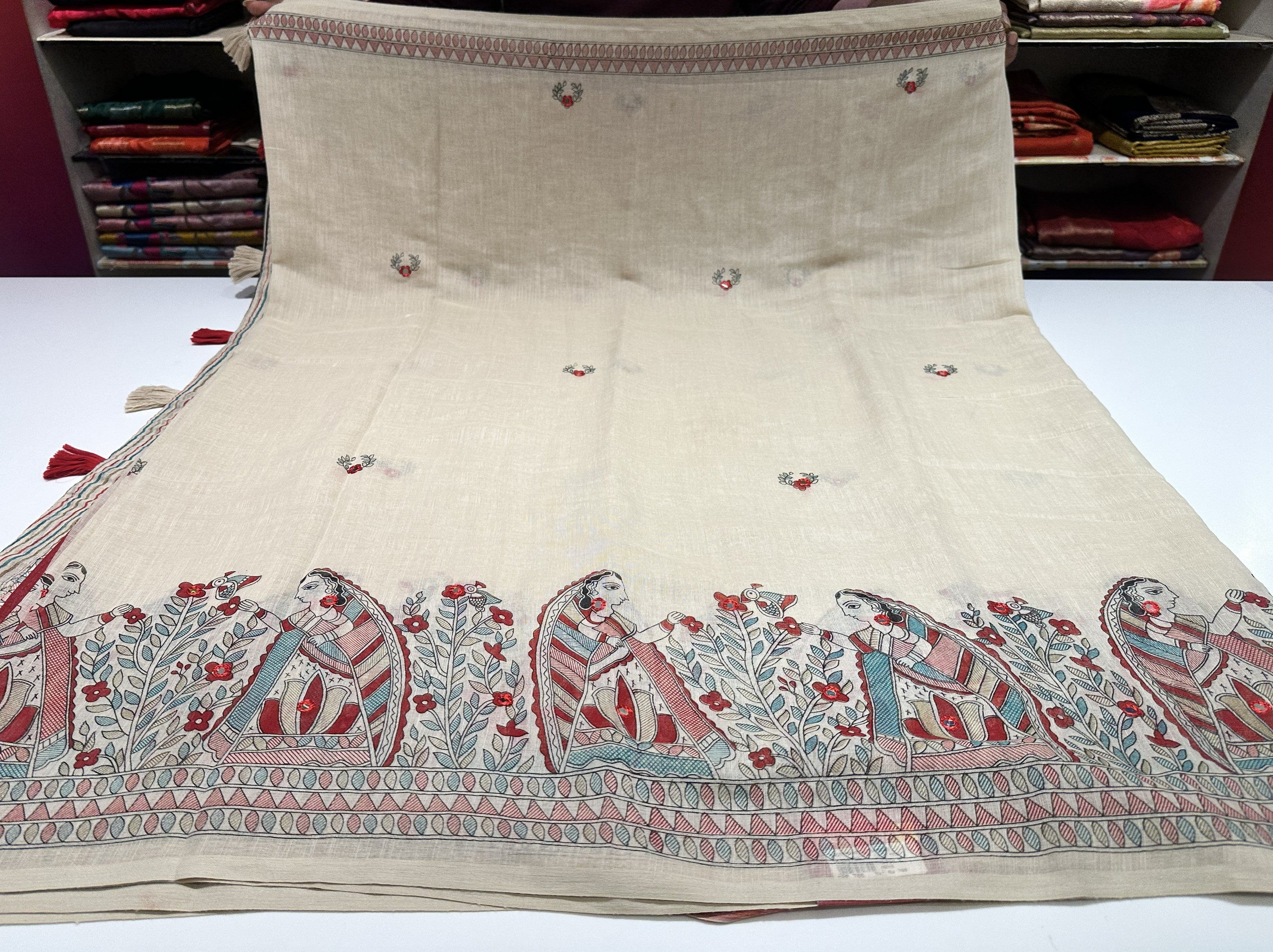 Handcrafted Beige Cotton Saree with Madhubani Floral Design Border and Pallu