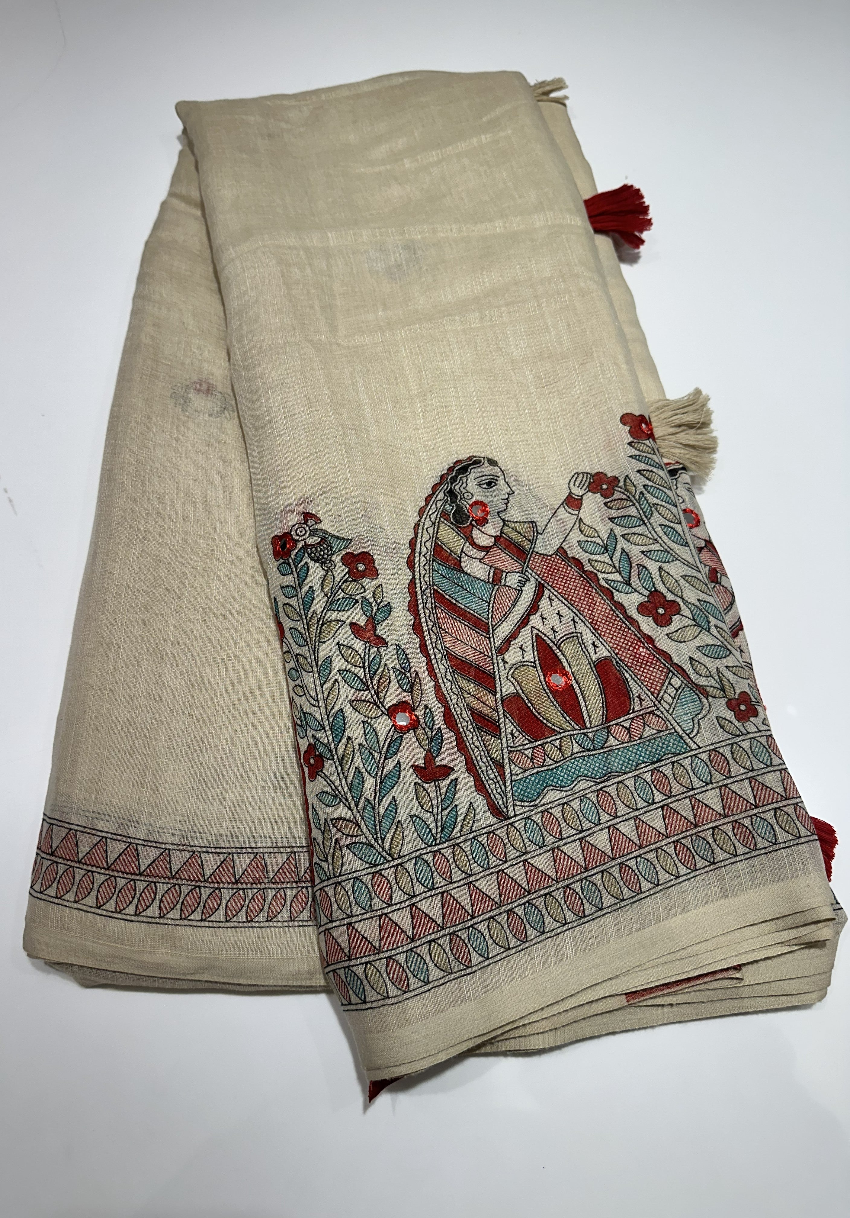 Handcrafted Beige Cotton Saree with Madhubani Floral Design Border and Pallu