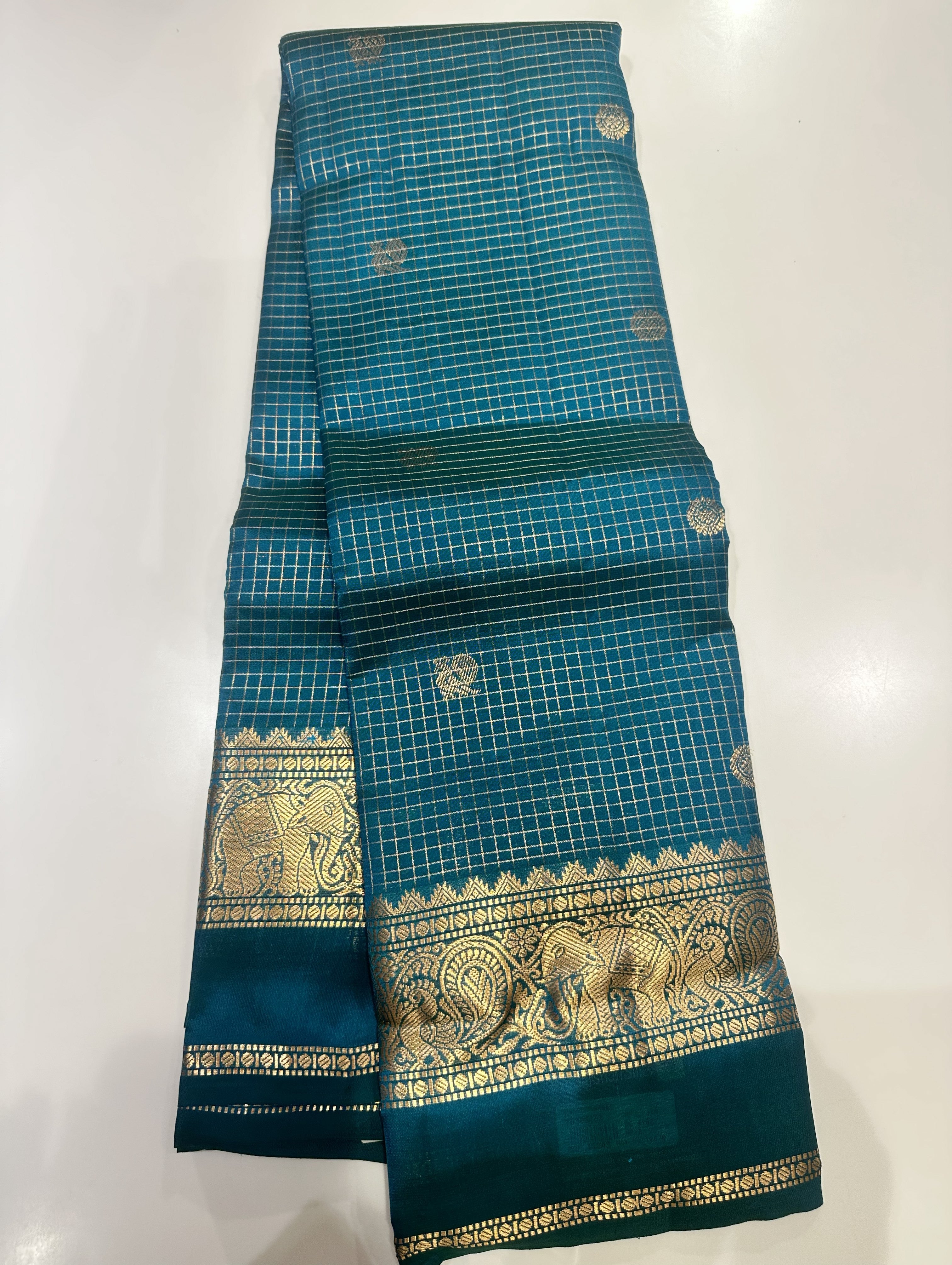 Premium Rama Blue checked Semi-Kanjivaram Saree