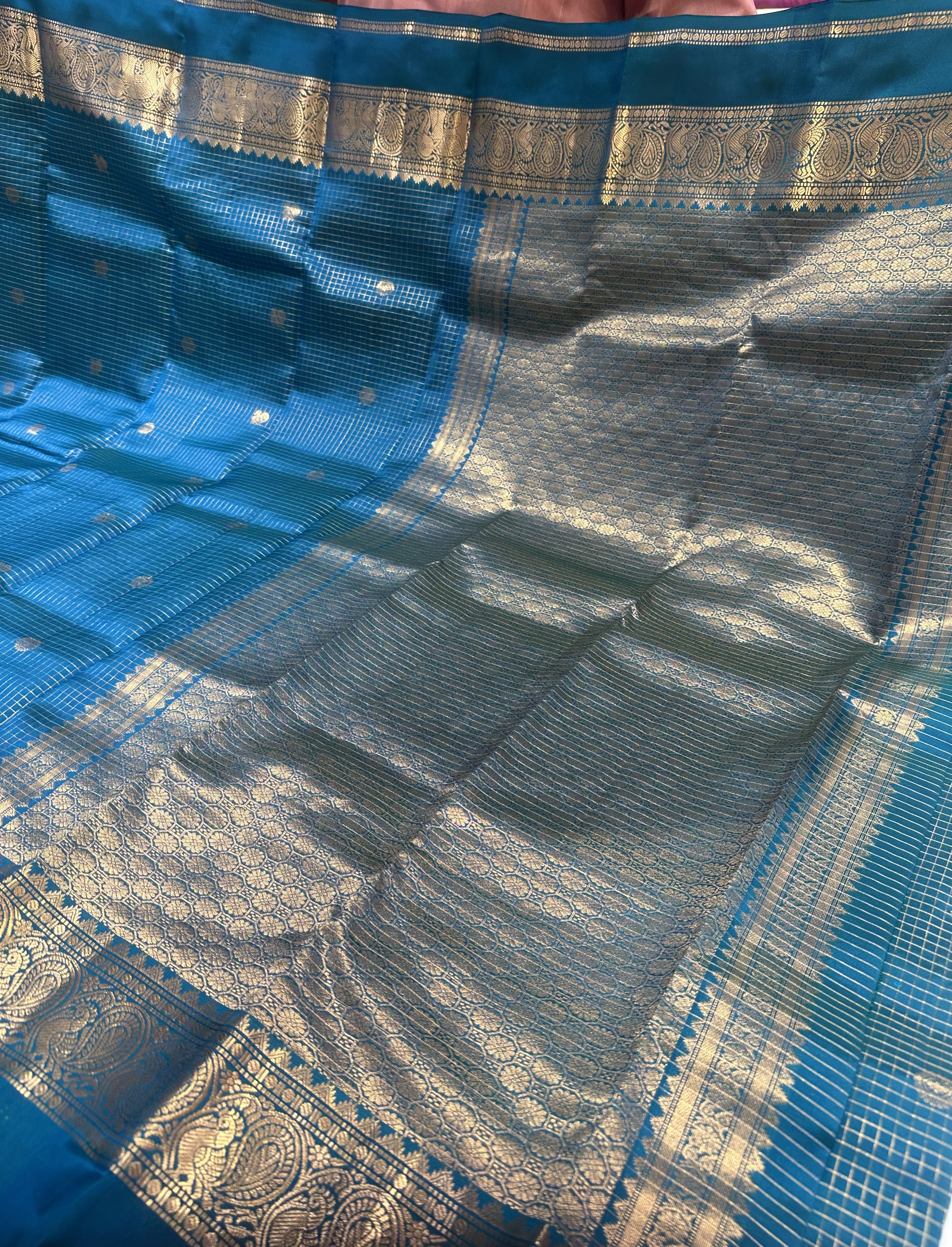 Premium Rama Blue checked Semi-Kanjivaram Saree