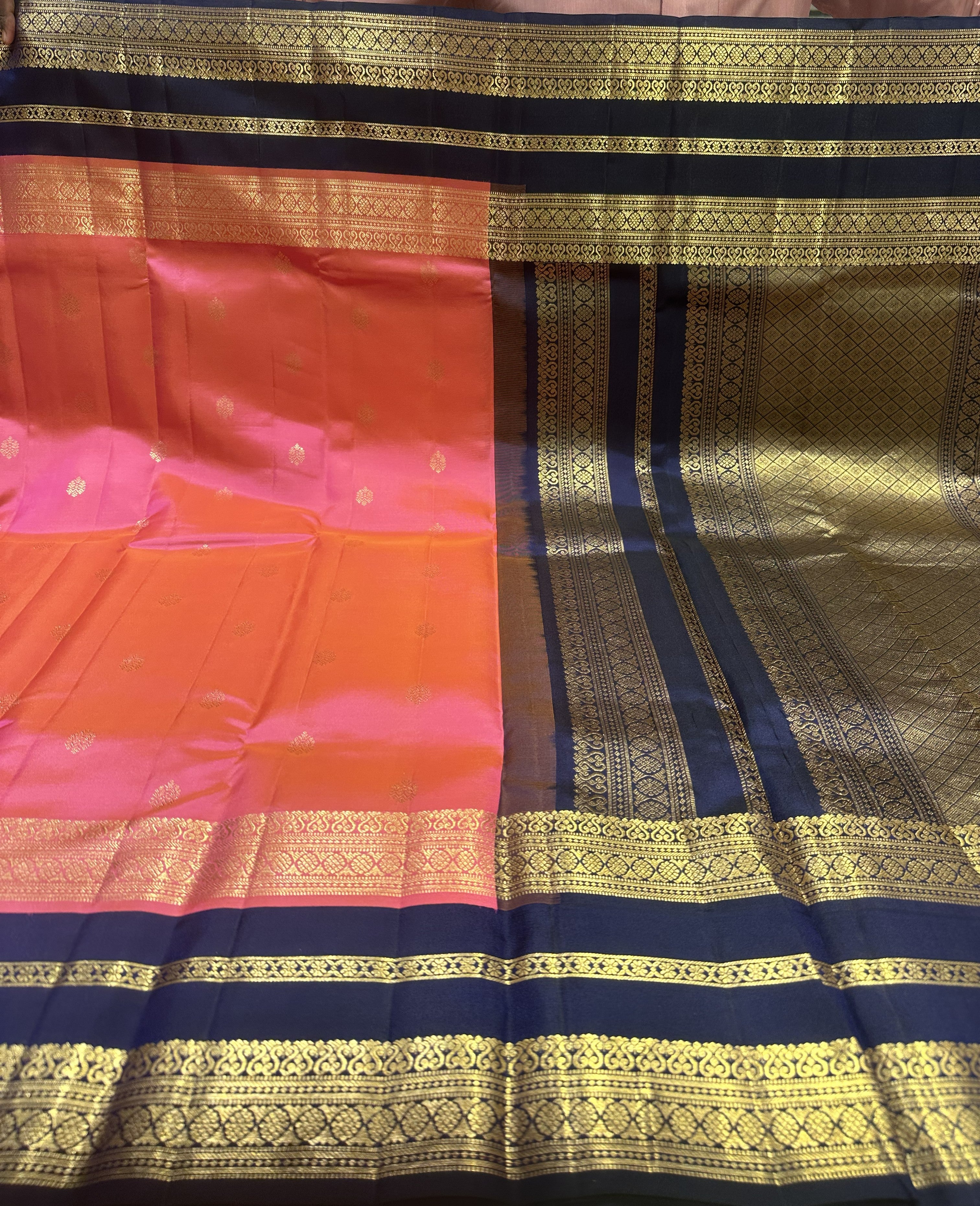 Rose Peach Pure Kanjivaram Saree with Navy Blue Contrast