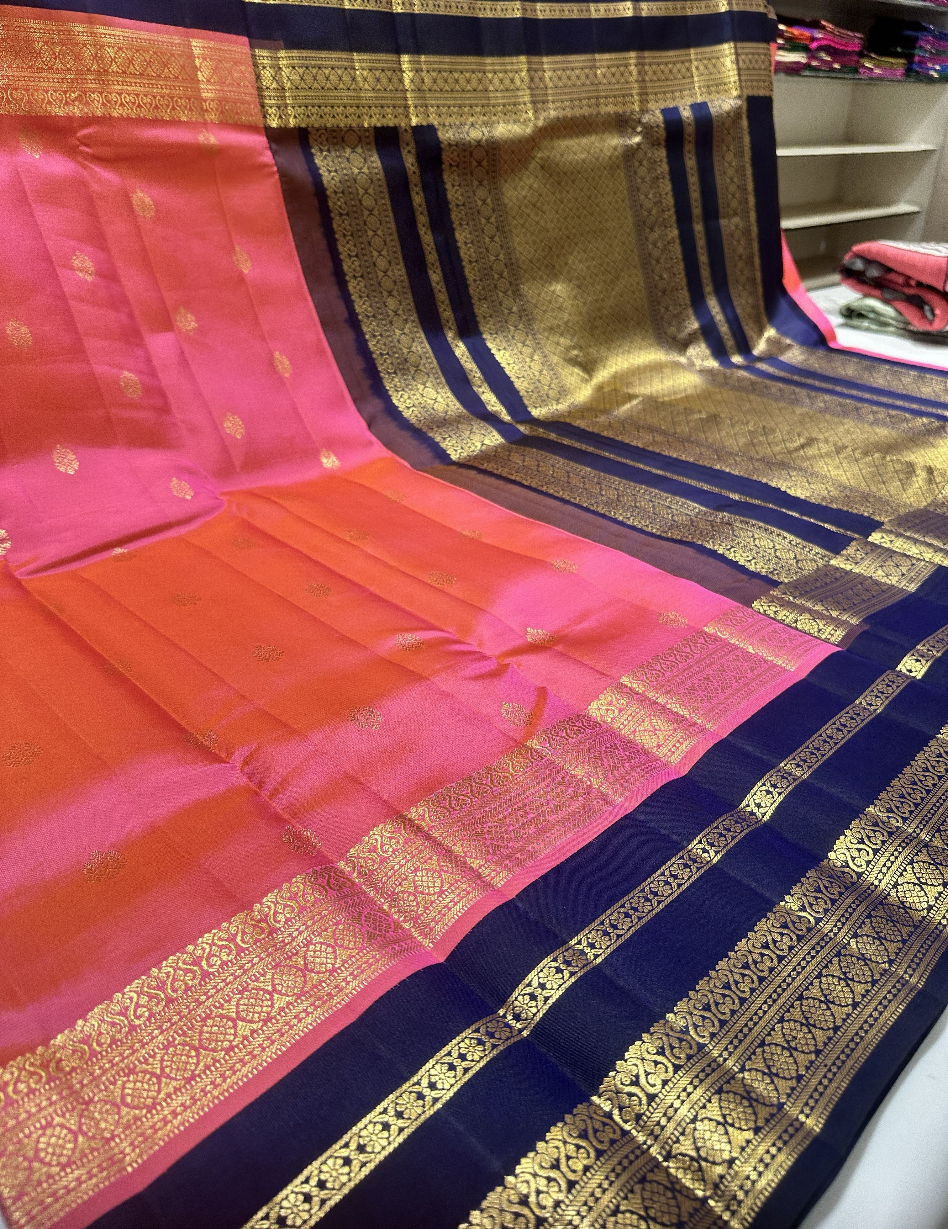 Rose Peach Pure Kanjivaram Saree with Navy Blue Contrast