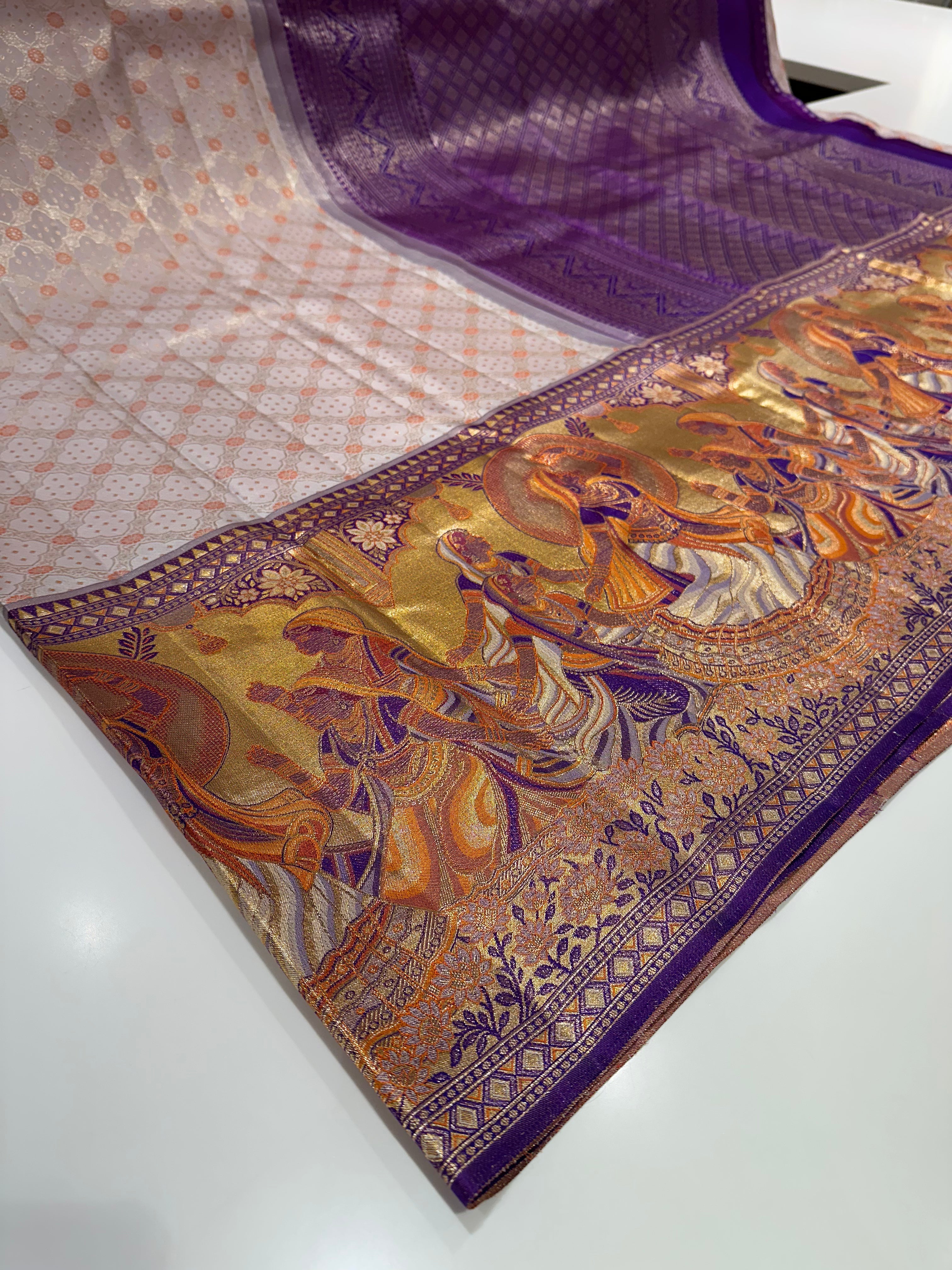 Light Pink Pure Kanjivaram Soft Silk Saree with Violet Madhubani Border & Brocade – Traditional Style