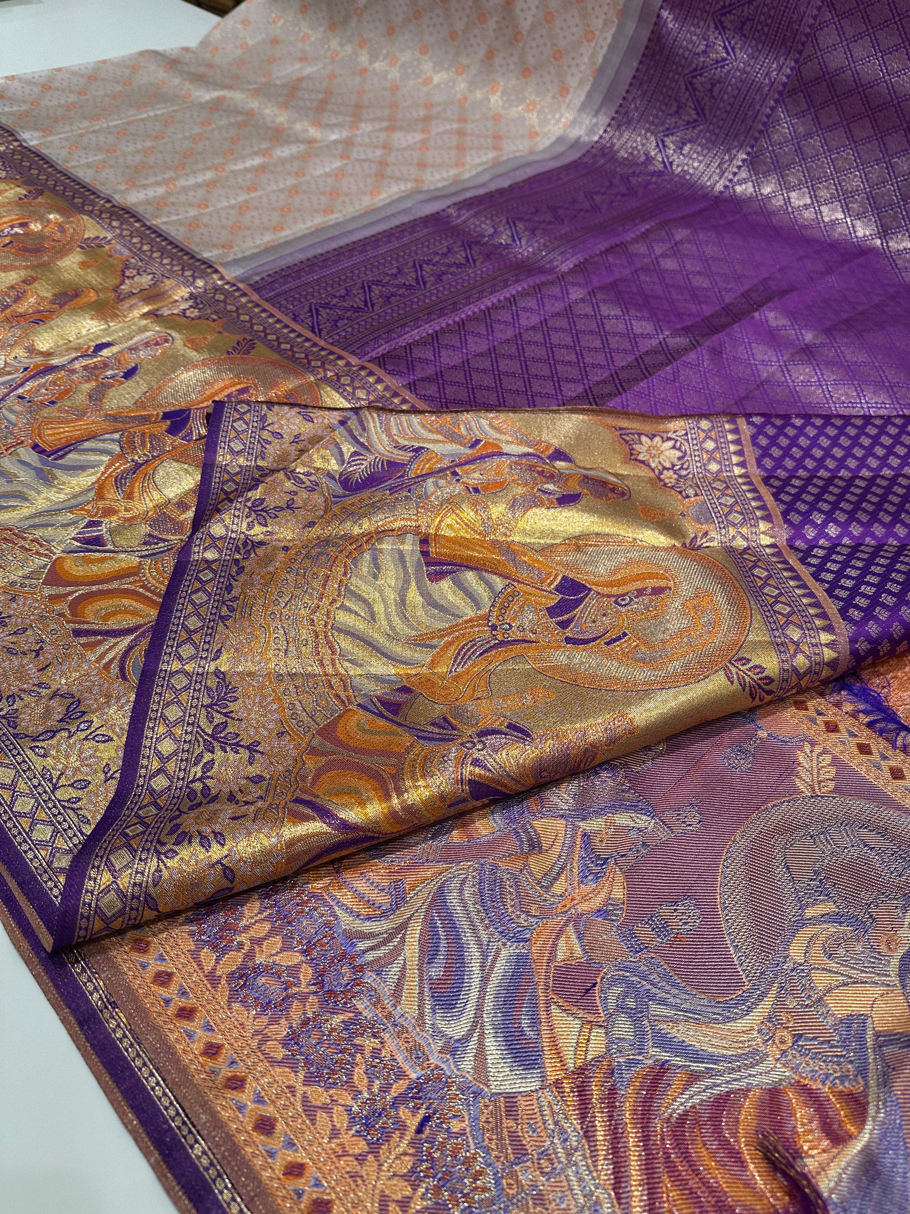 Light Pink Pure Kanjivaram Soft Silk Saree with Violet Madhubani Border & Brocade – Traditional Style