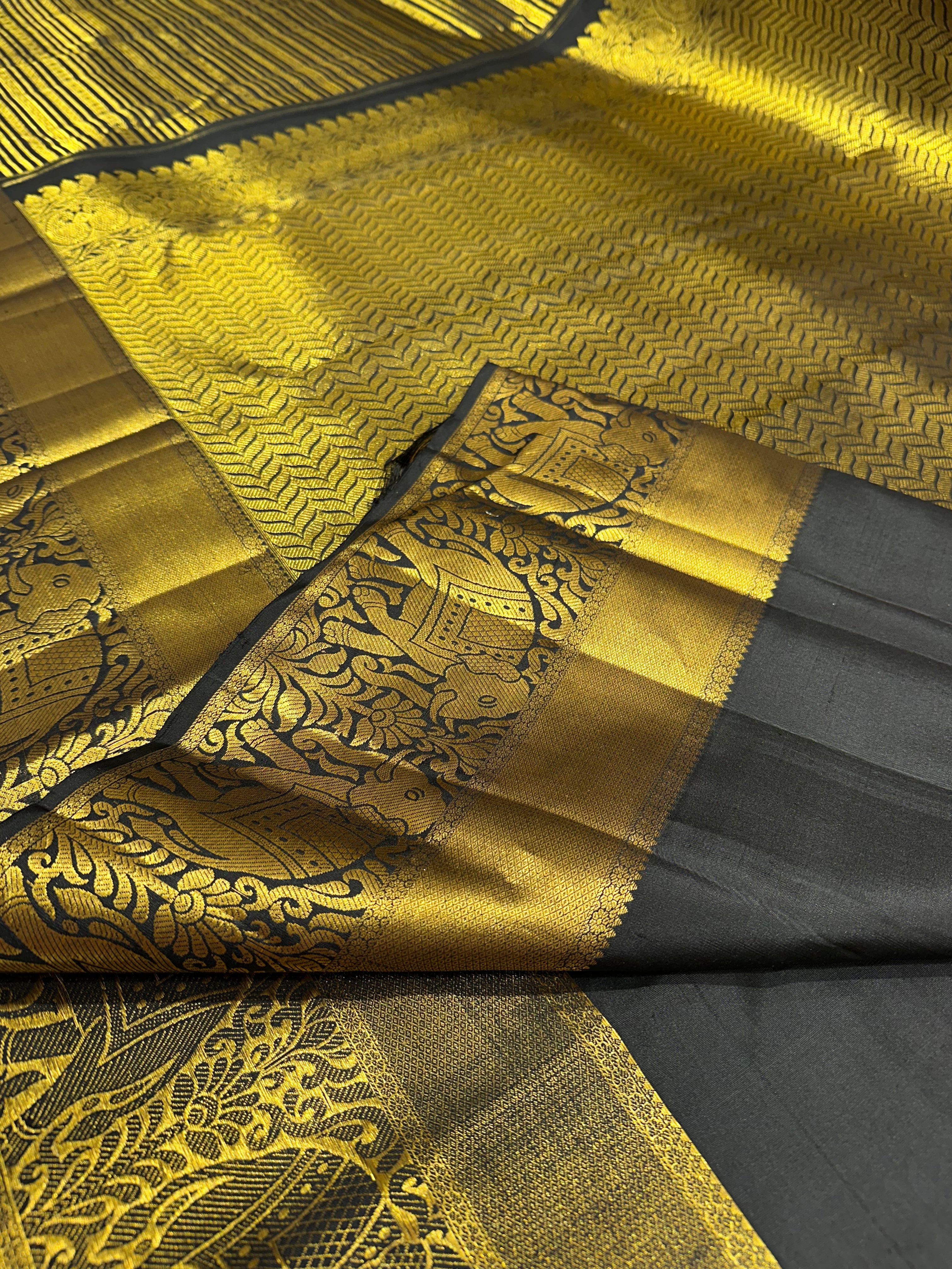 Black Pure Kanjivaram Silk Saree with Gold Zari Border & Line Work – Wedding & Traditional Wear