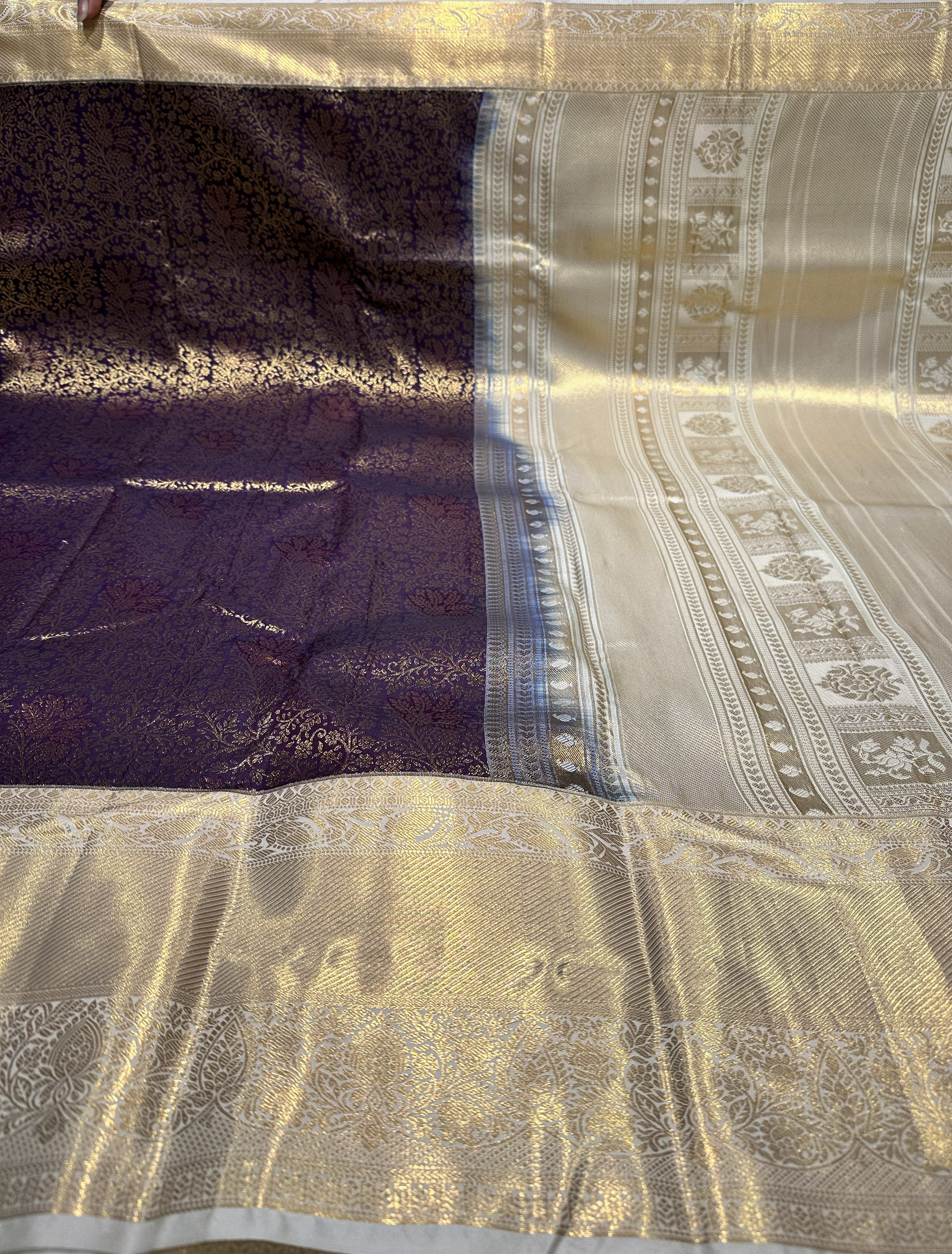 Elegant Dark Purple Semi Brocade Silk Saree With Cream Contrast