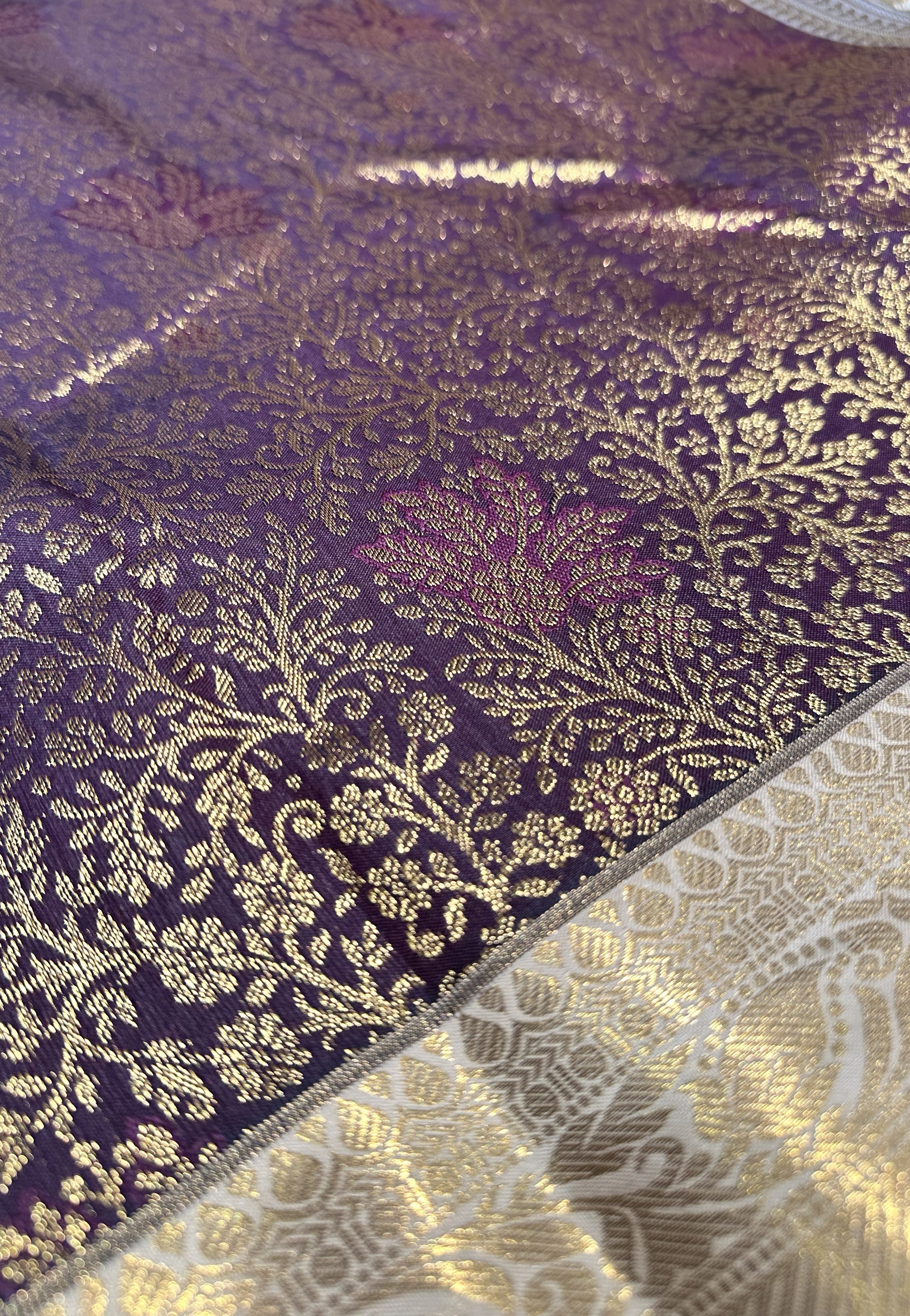 Elegant Dark Purple Semi Brocade Silk Saree With Cream Contrast