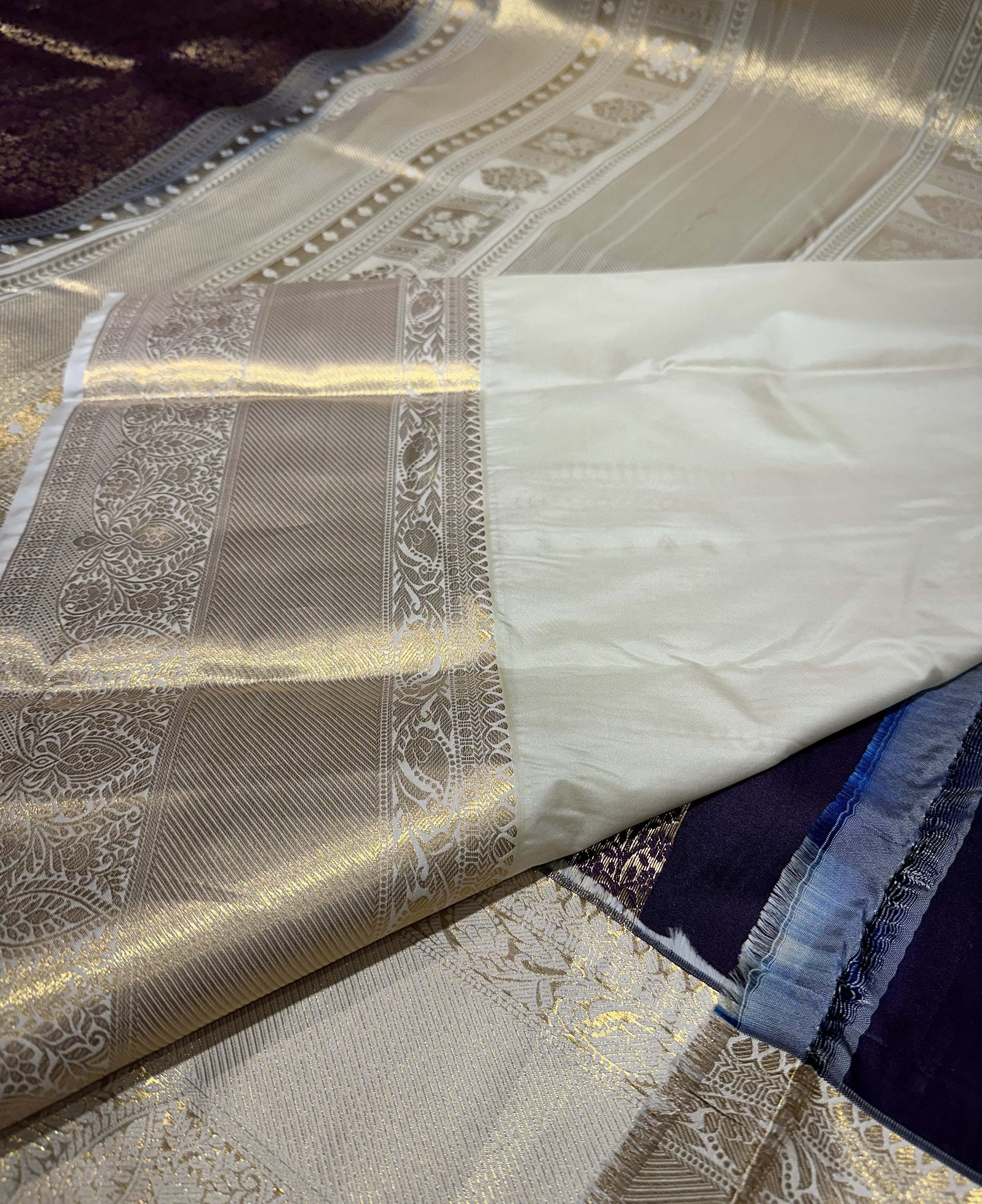 Elegant Dark Purple Semi Brocade Silk Saree With Cream Contrast