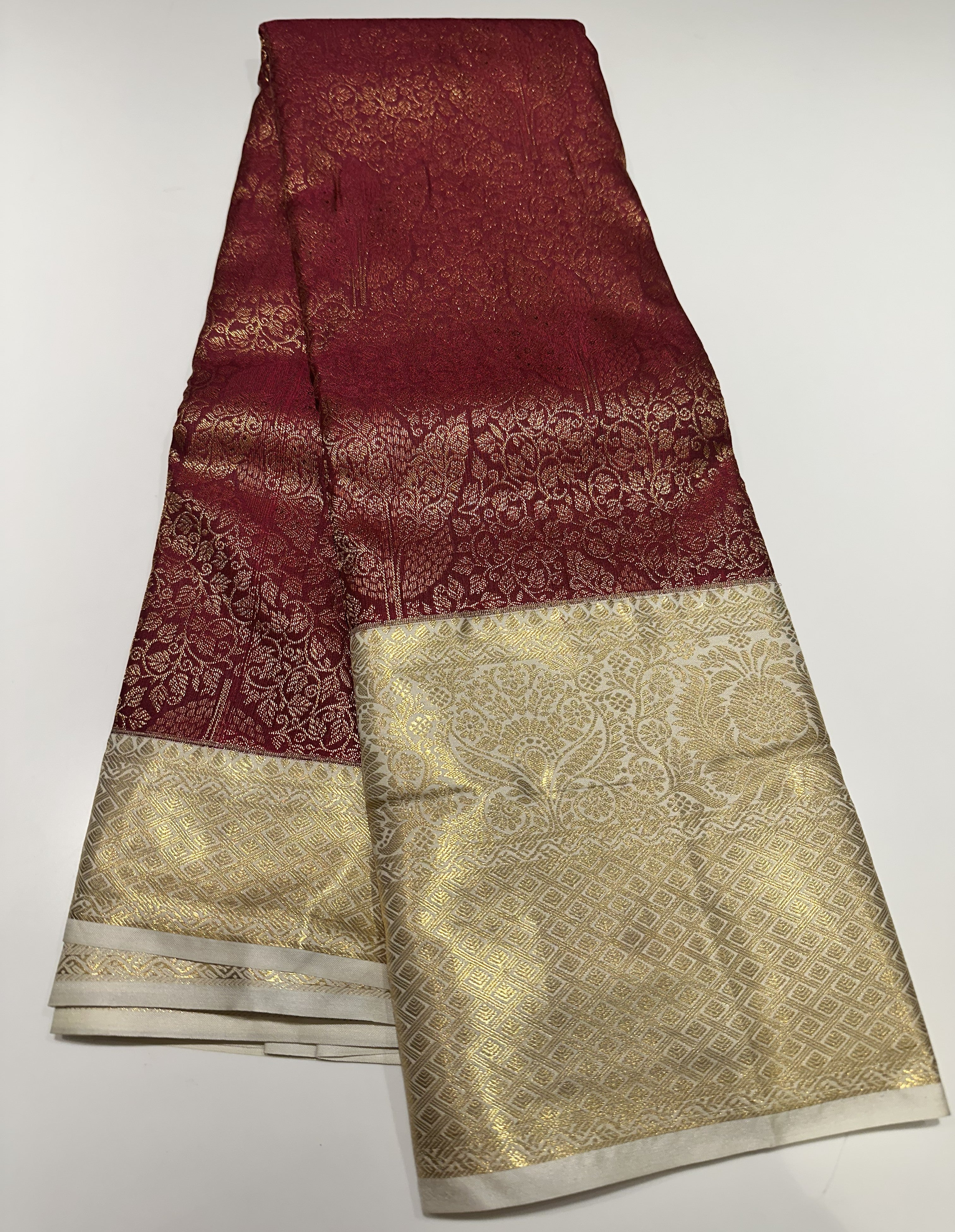 Rich Brown Semi Brocade Silk Saree With Cream Contrast