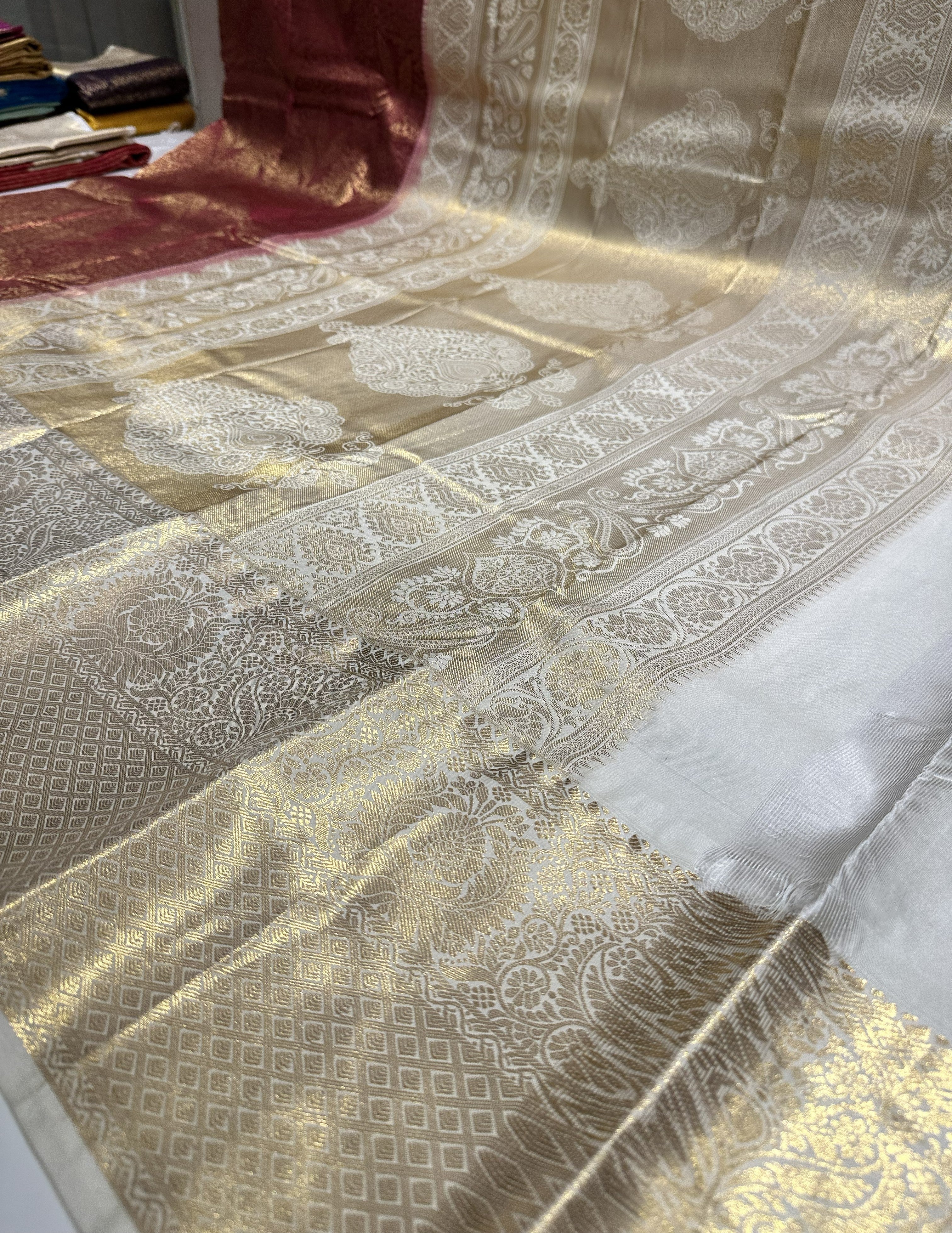 Rich Brown Semi Brocade Silk Saree With Cream Contrast