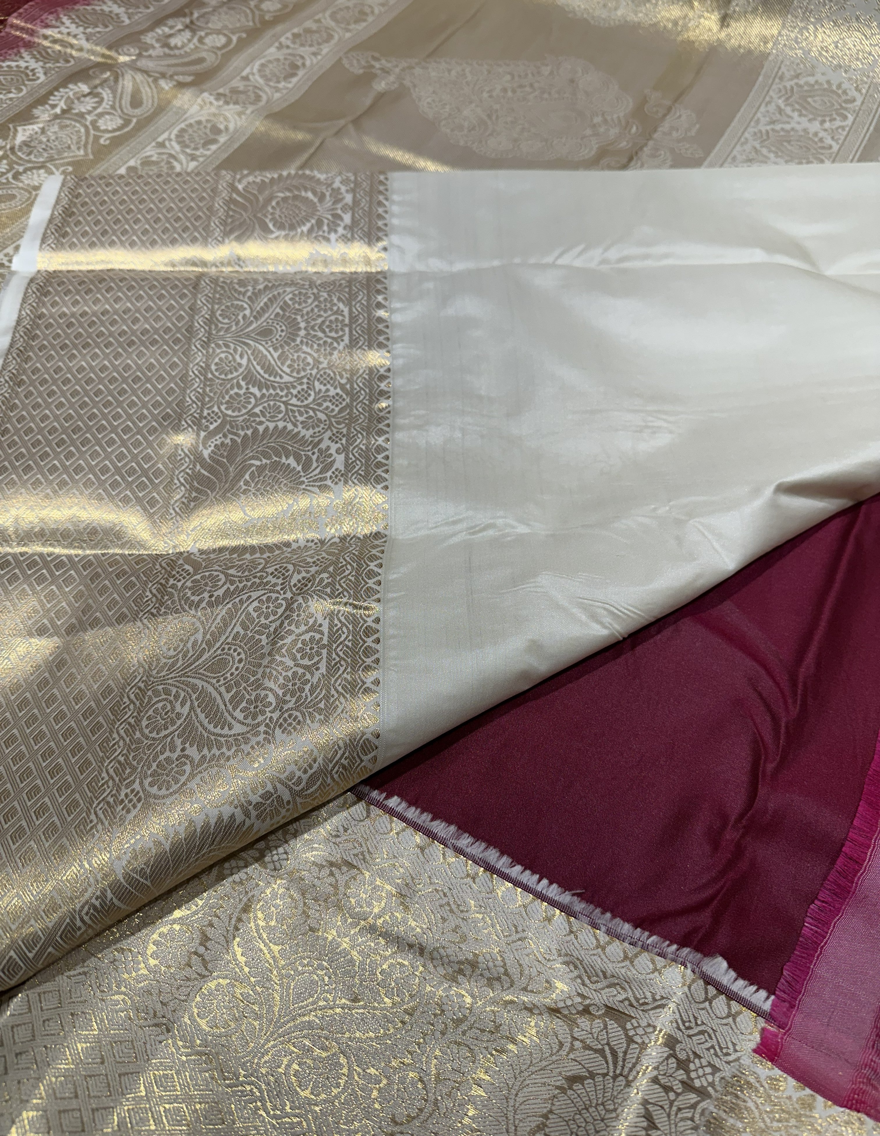 Rich Brown Semi Brocade Silk Saree With Cream Contrast