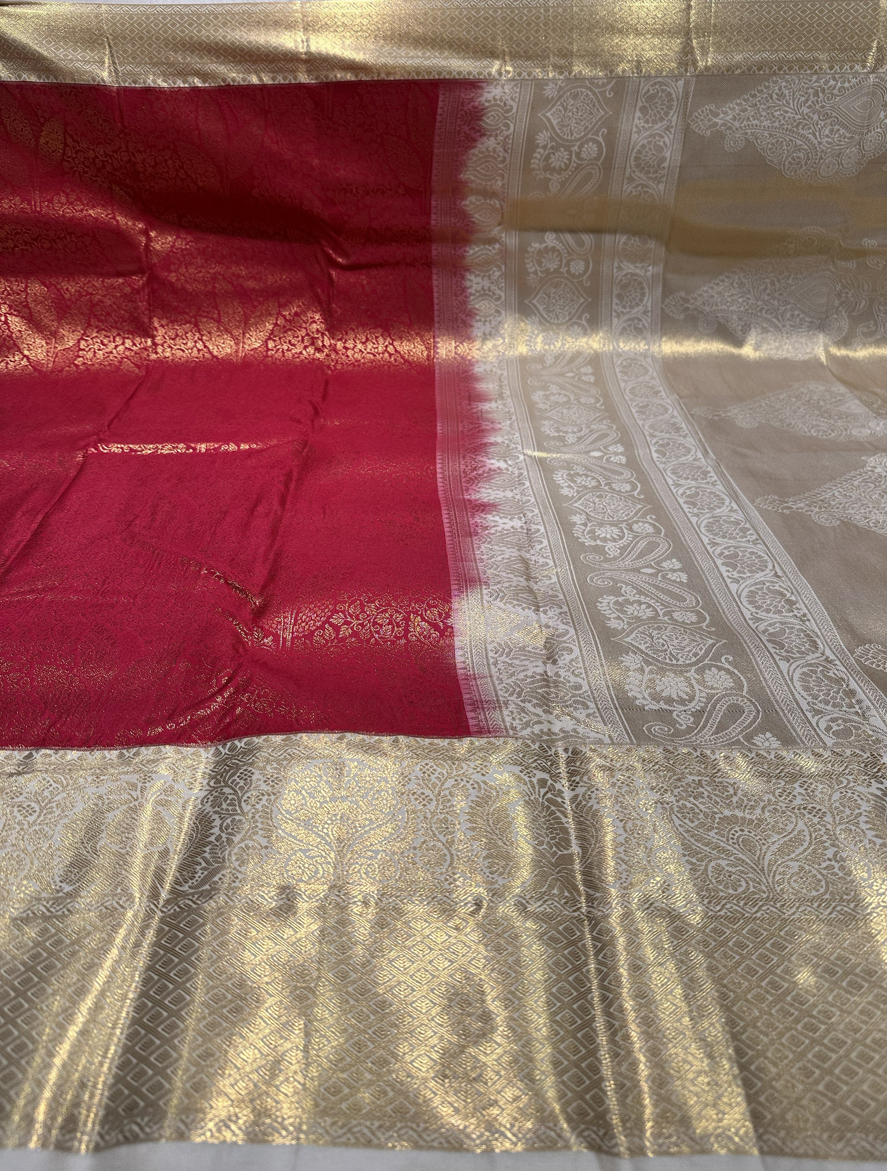 Dark Red Semi Brocade Silk Saree With Cream Contrast