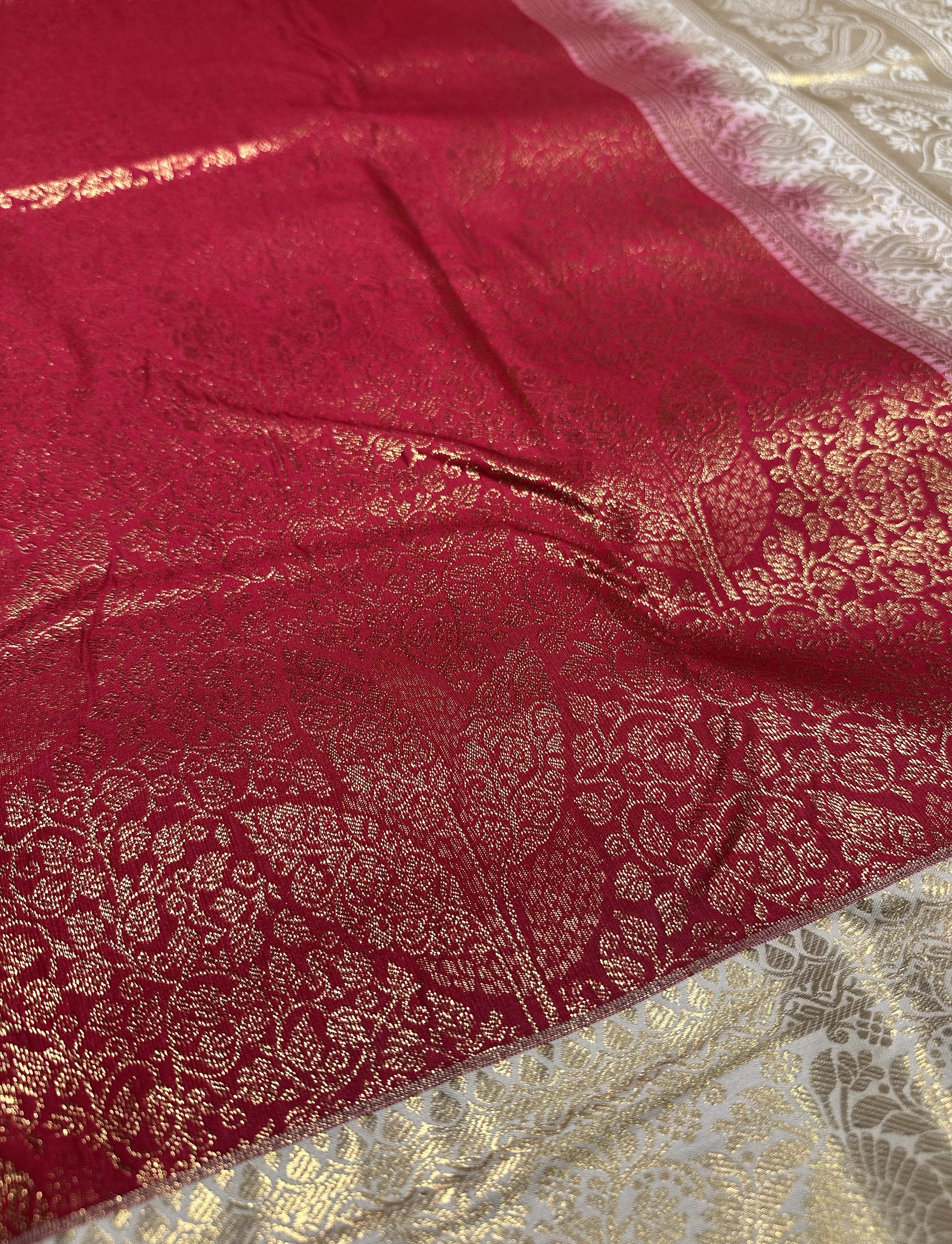 Dark Red Semi Brocade Silk Saree With Cream Contrast