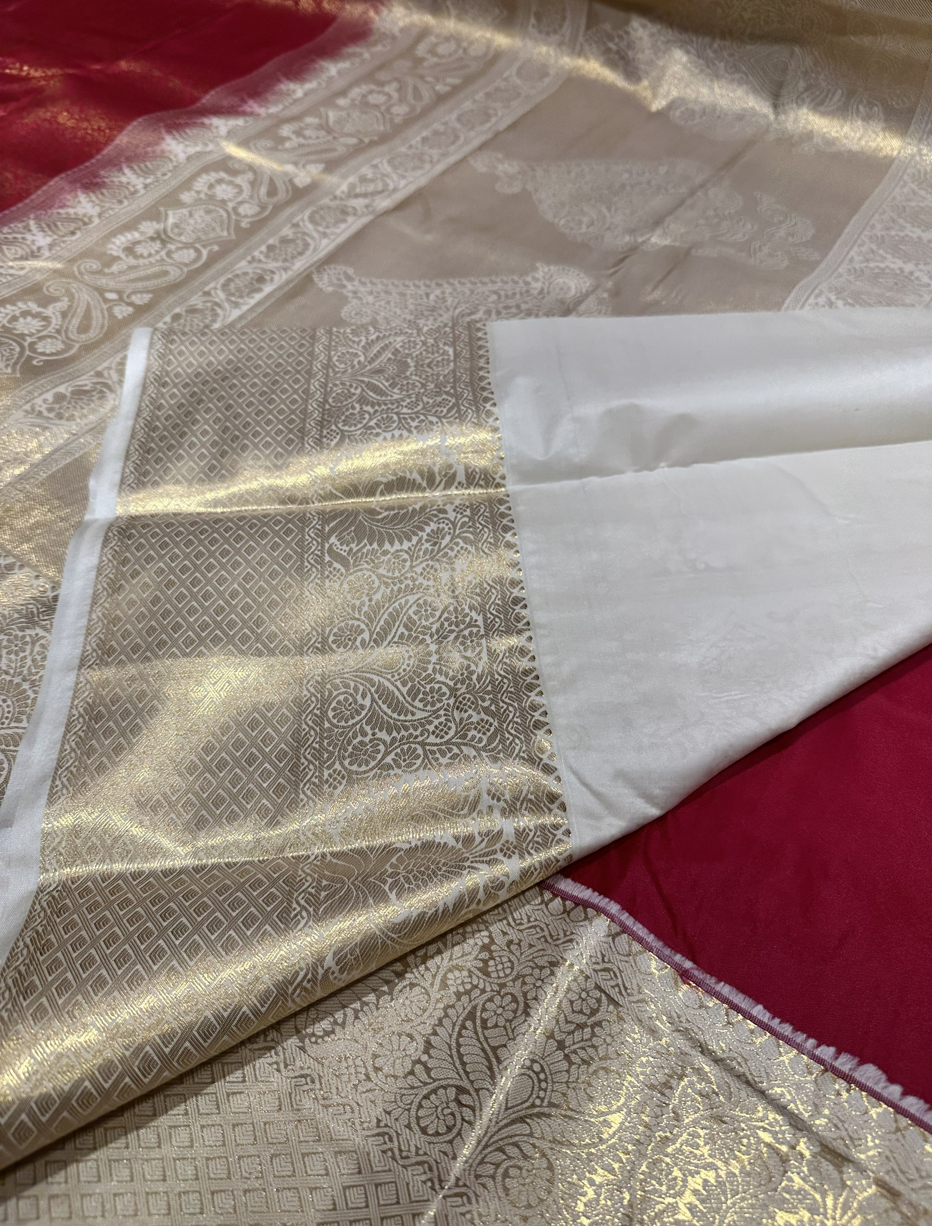 Dark Red Semi Brocade Silk Saree With Cream Contrast