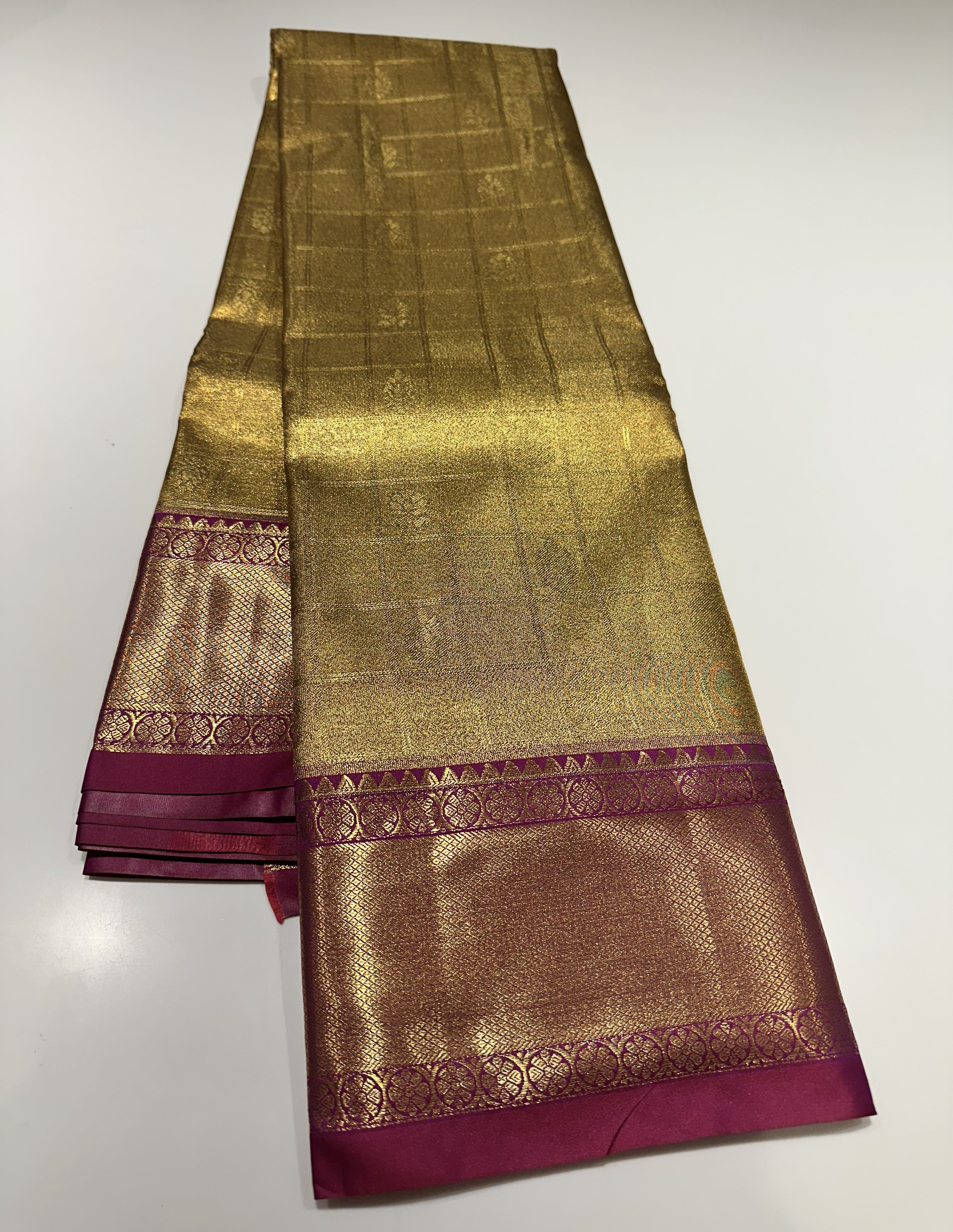 Rich Gold Semi Tissue Silk Saree With Purple Contrast