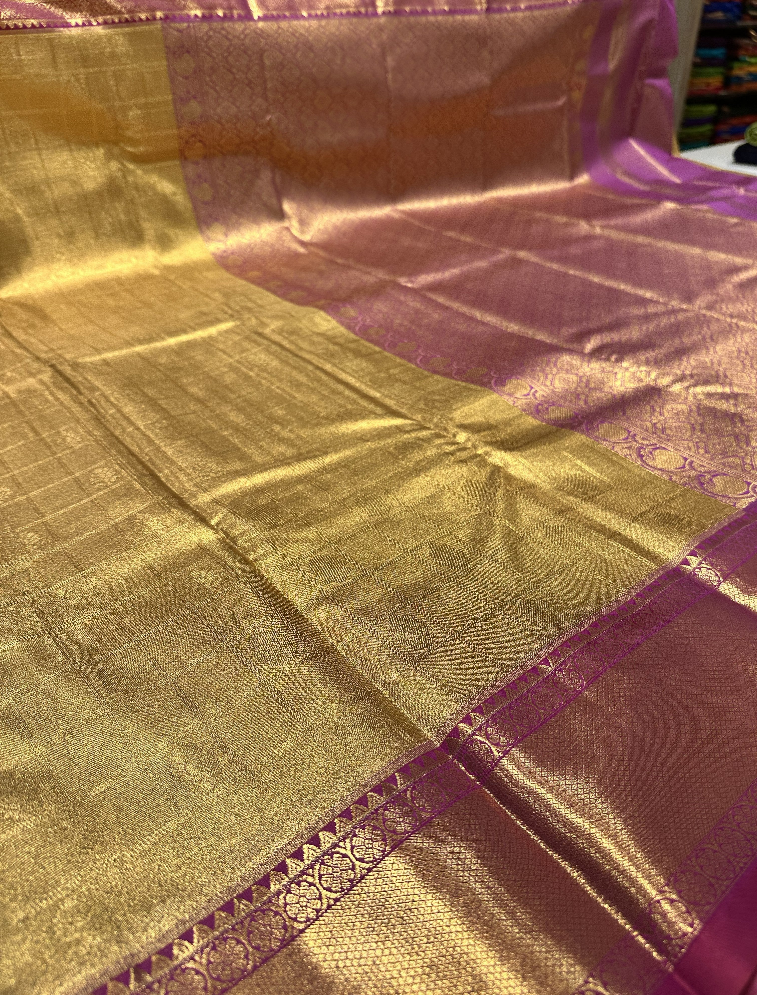 Rich Gold Semi Tissue Silk Saree With Purple Contrast