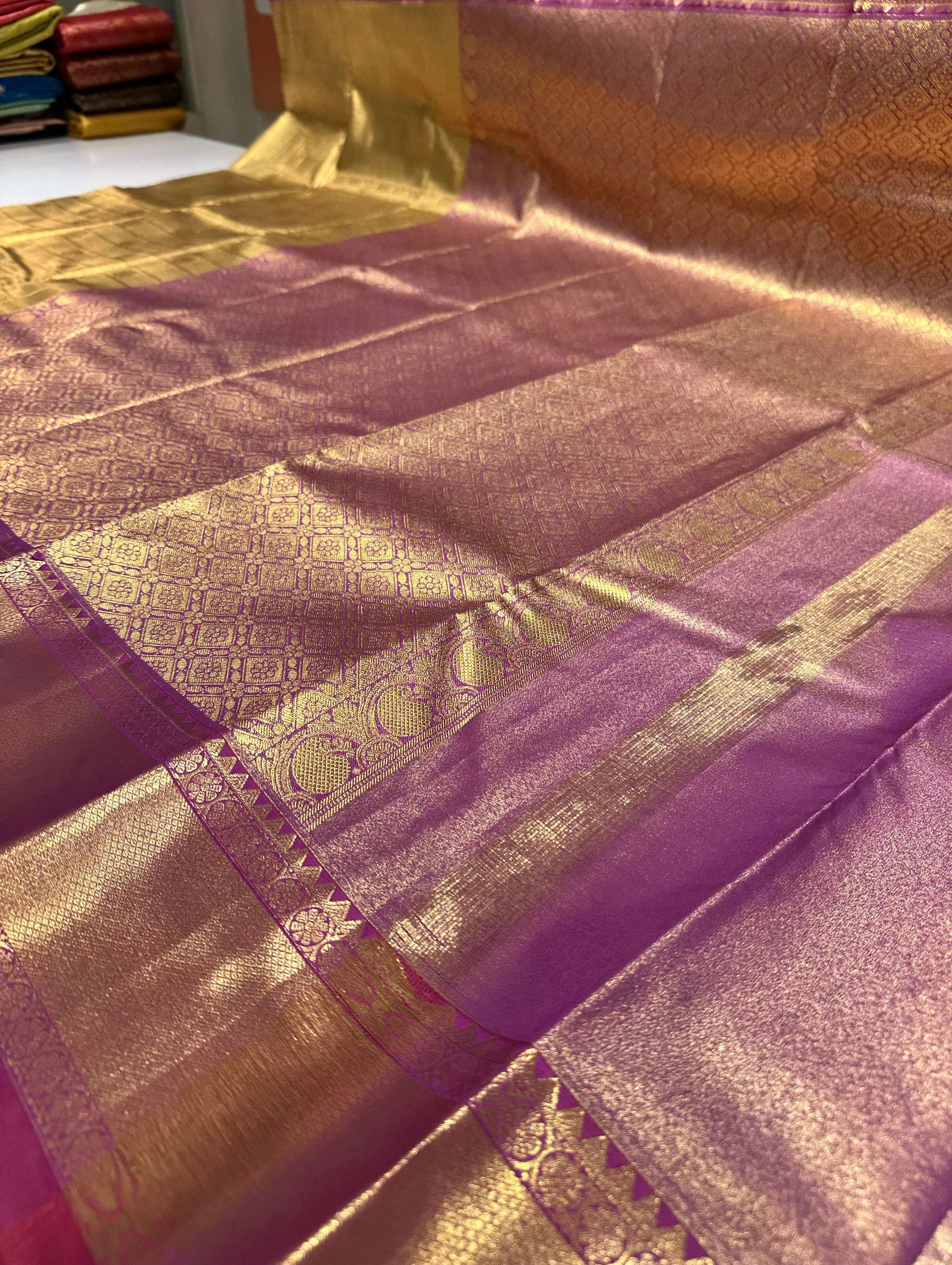 Rich Gold Semi Tissue Silk Saree With Purple Contrast
