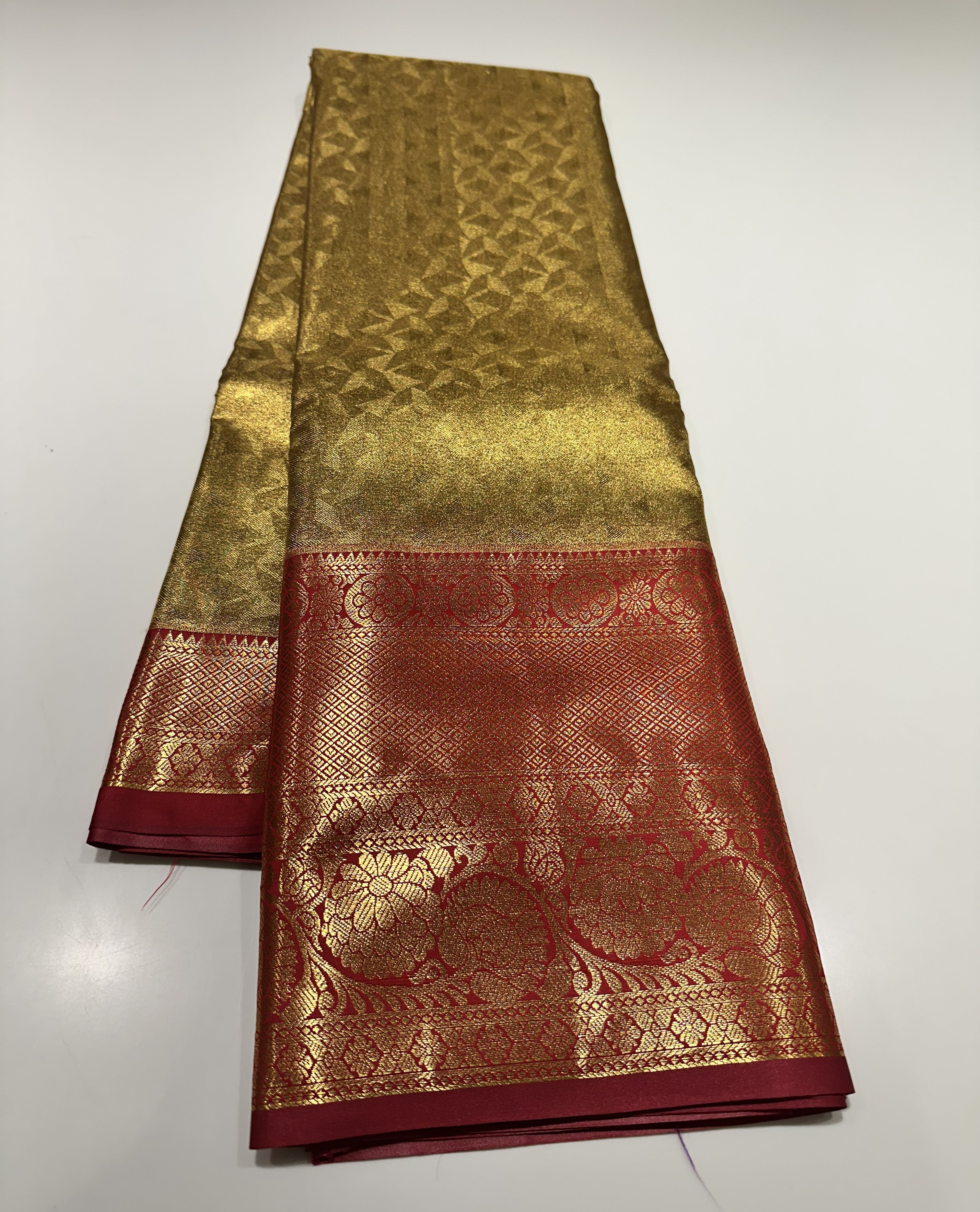Rich Gold Semi Tissue Silk Saree With Red Contrast