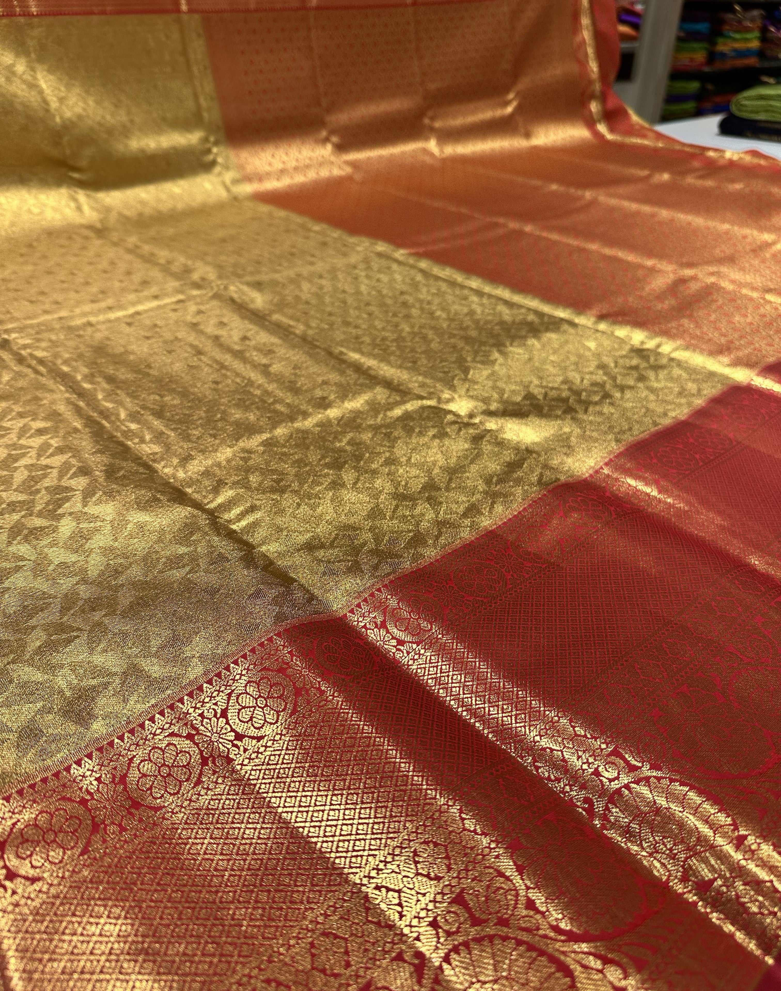 Rich Gold Semi Tissue Silk Saree With Red Contrast