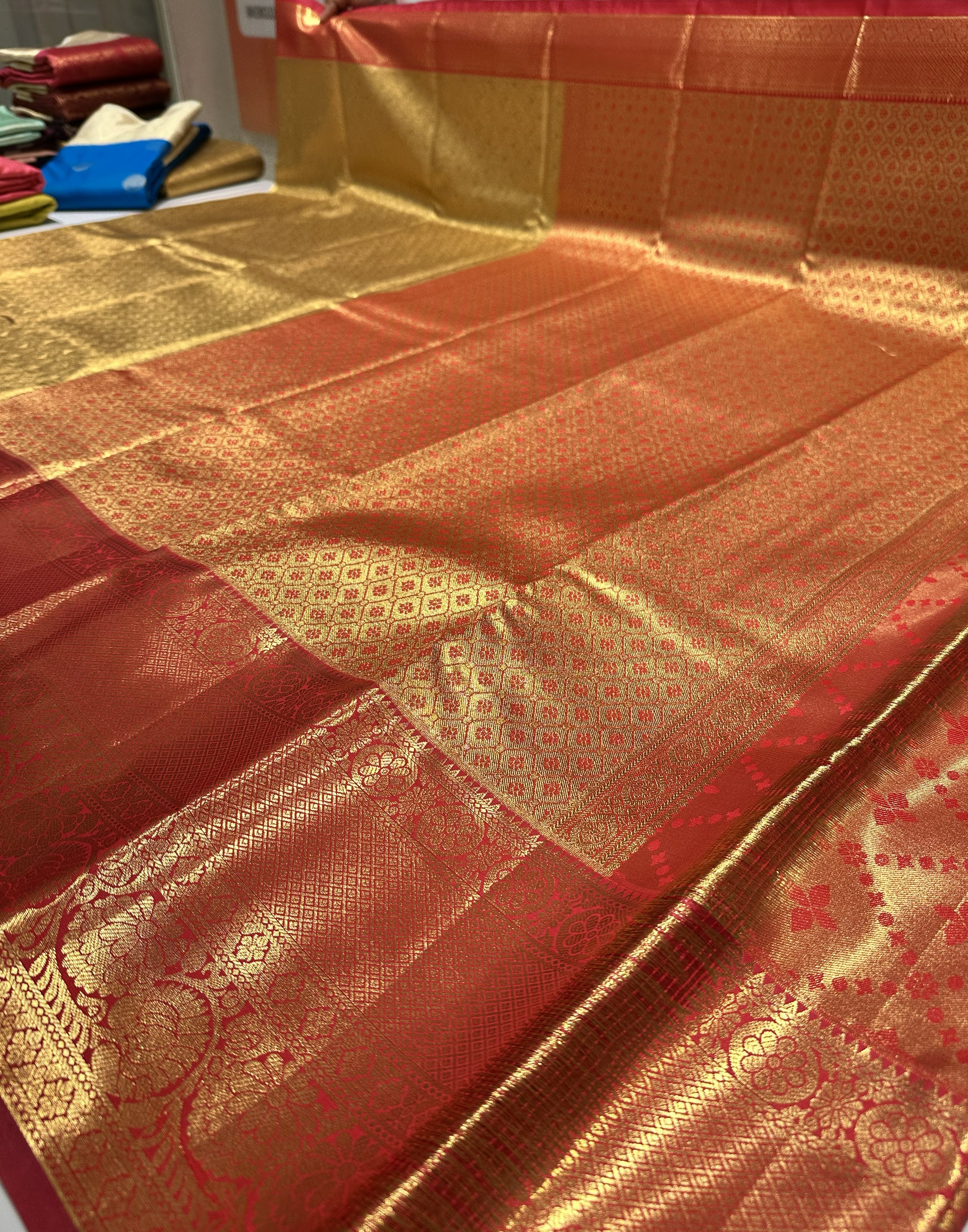 Rich Gold Semi Tissue Silk Saree With Red Contrast