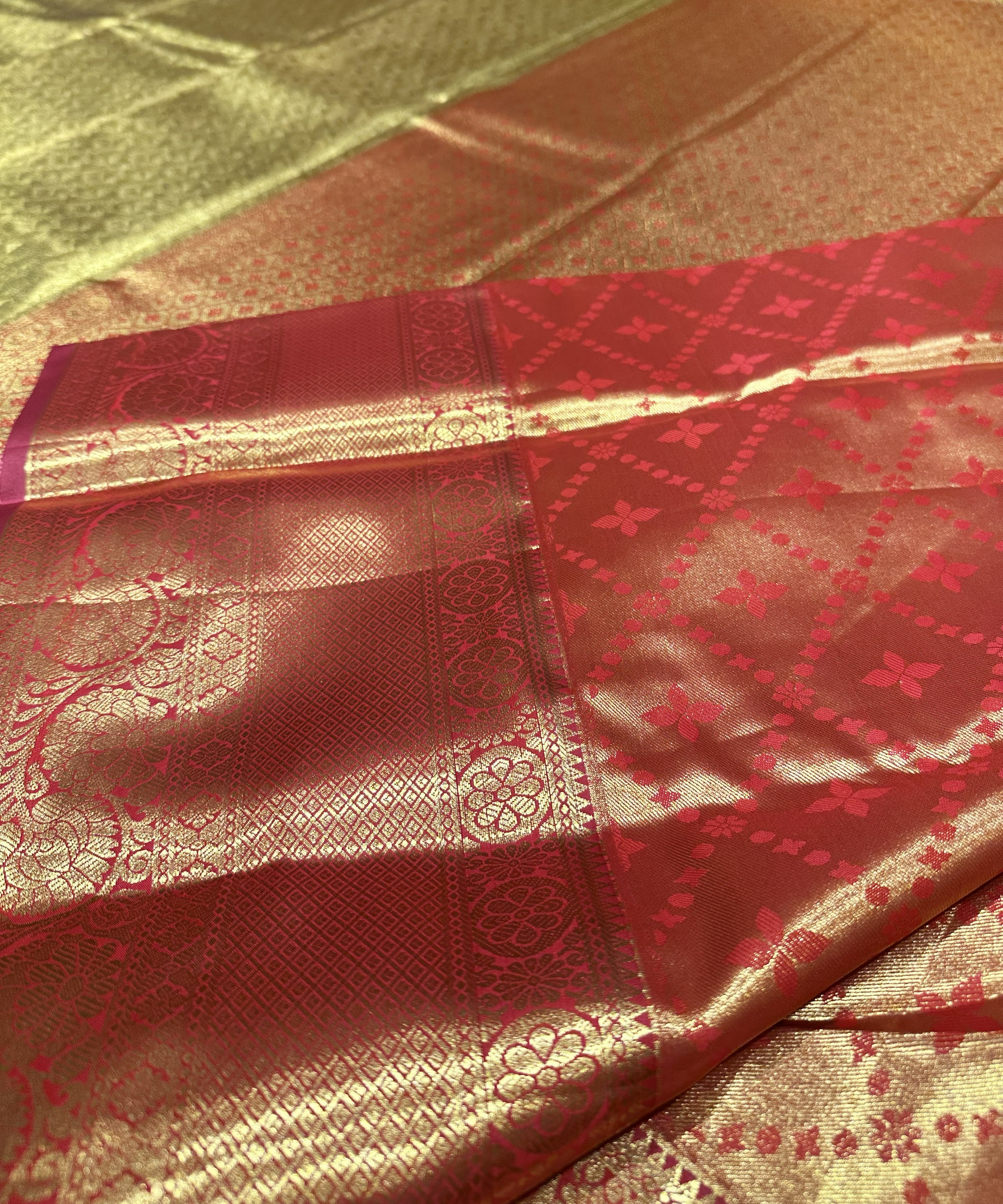 Rich Gold Semi Tissue Silk Saree With Red Contrast