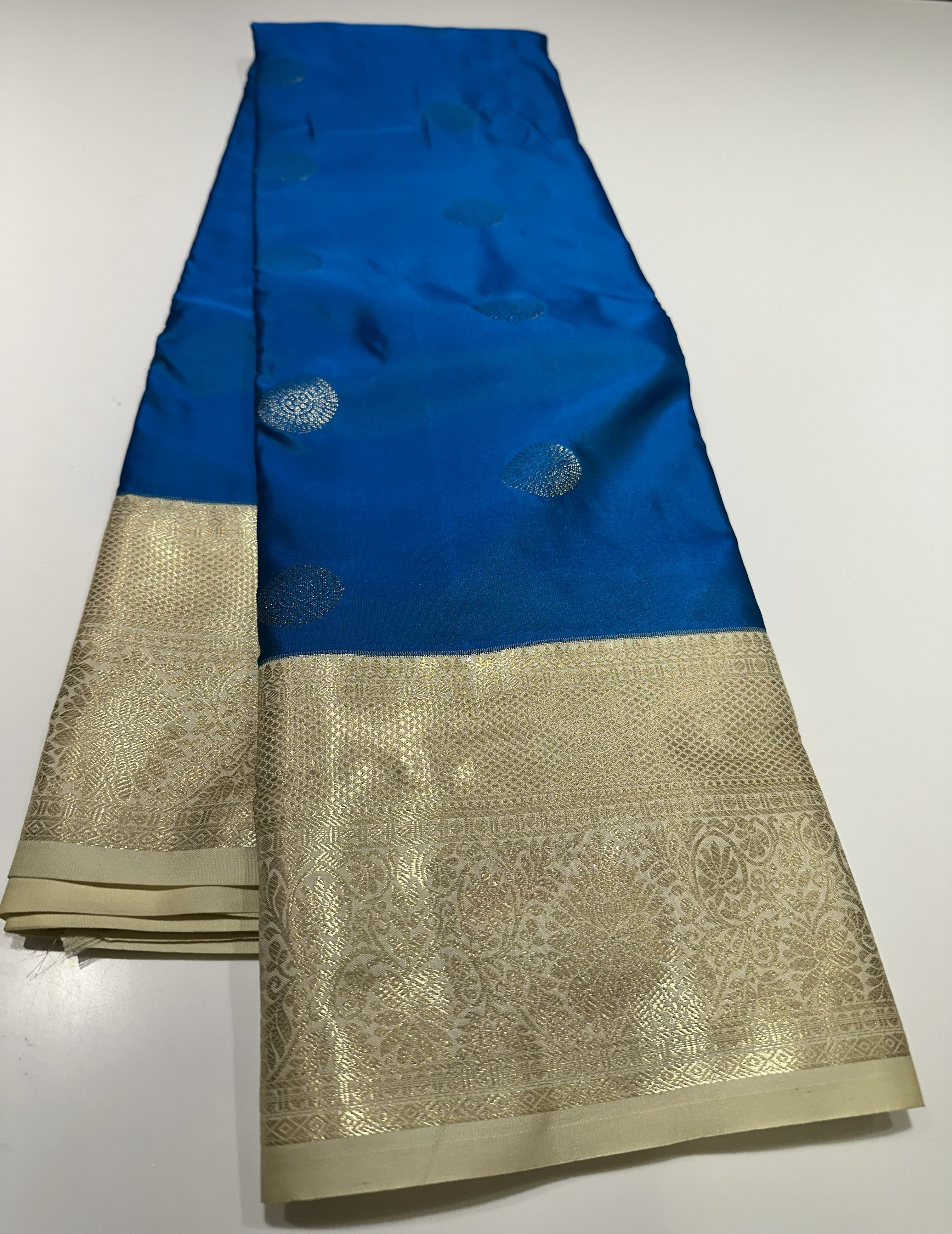 Elegant Royal Blue Semi Kanjivaram Silk Saree With Cream Contrast