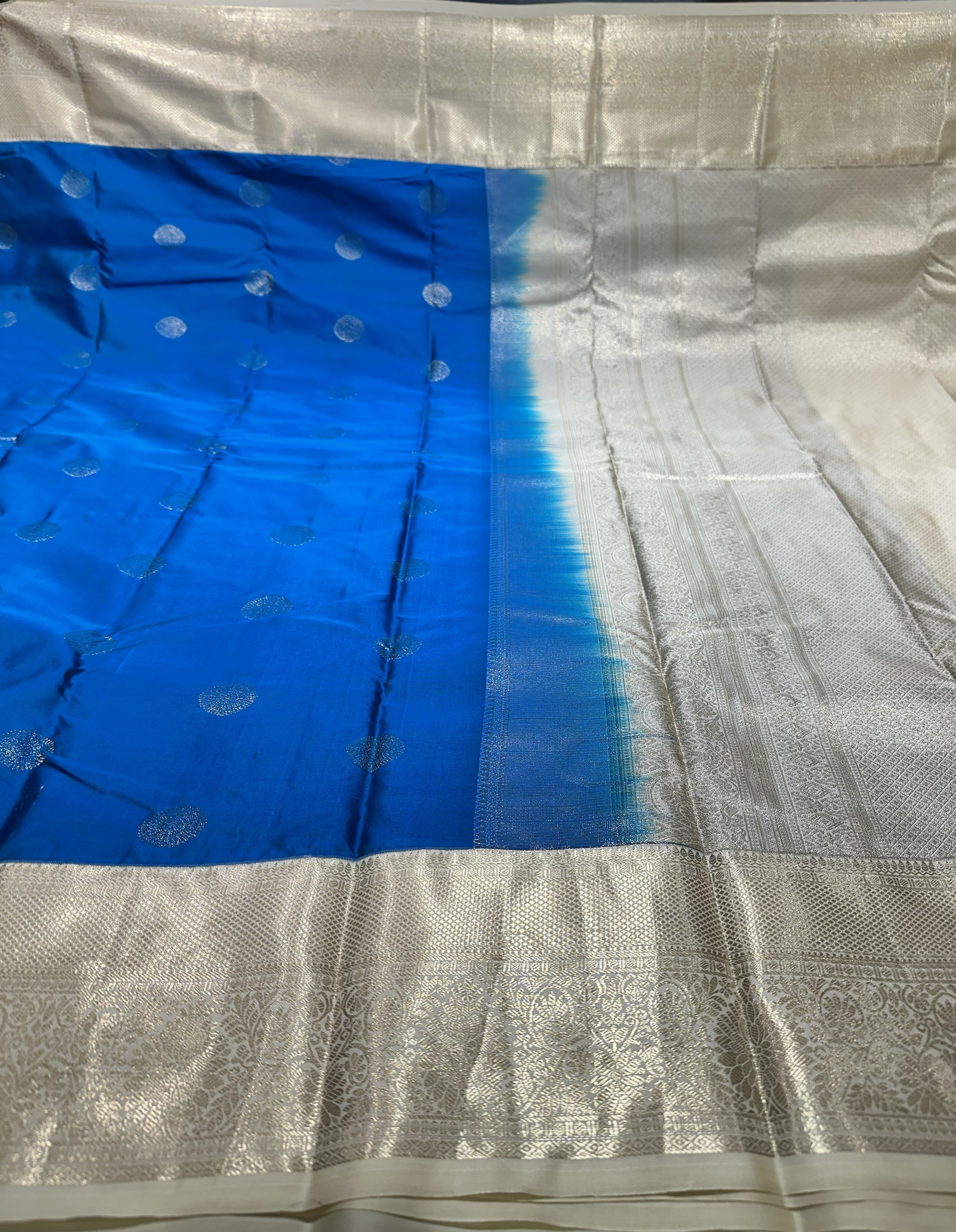 Elegant Royal Blue Semi Kanjivaram Silk Saree With Cream Contrast