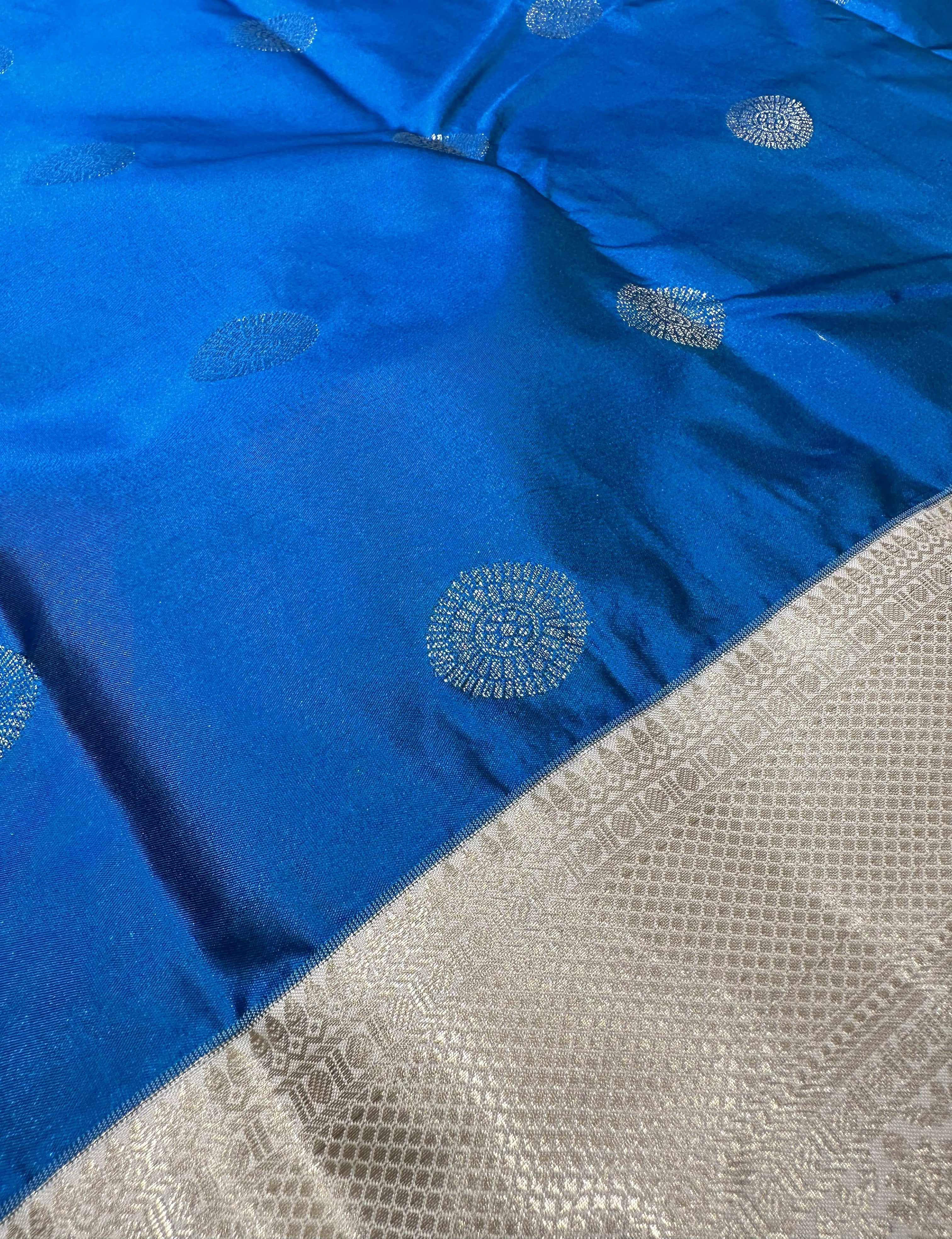 Elegant Royal Blue Semi Kanjivaram Silk Saree With Cream Contrast